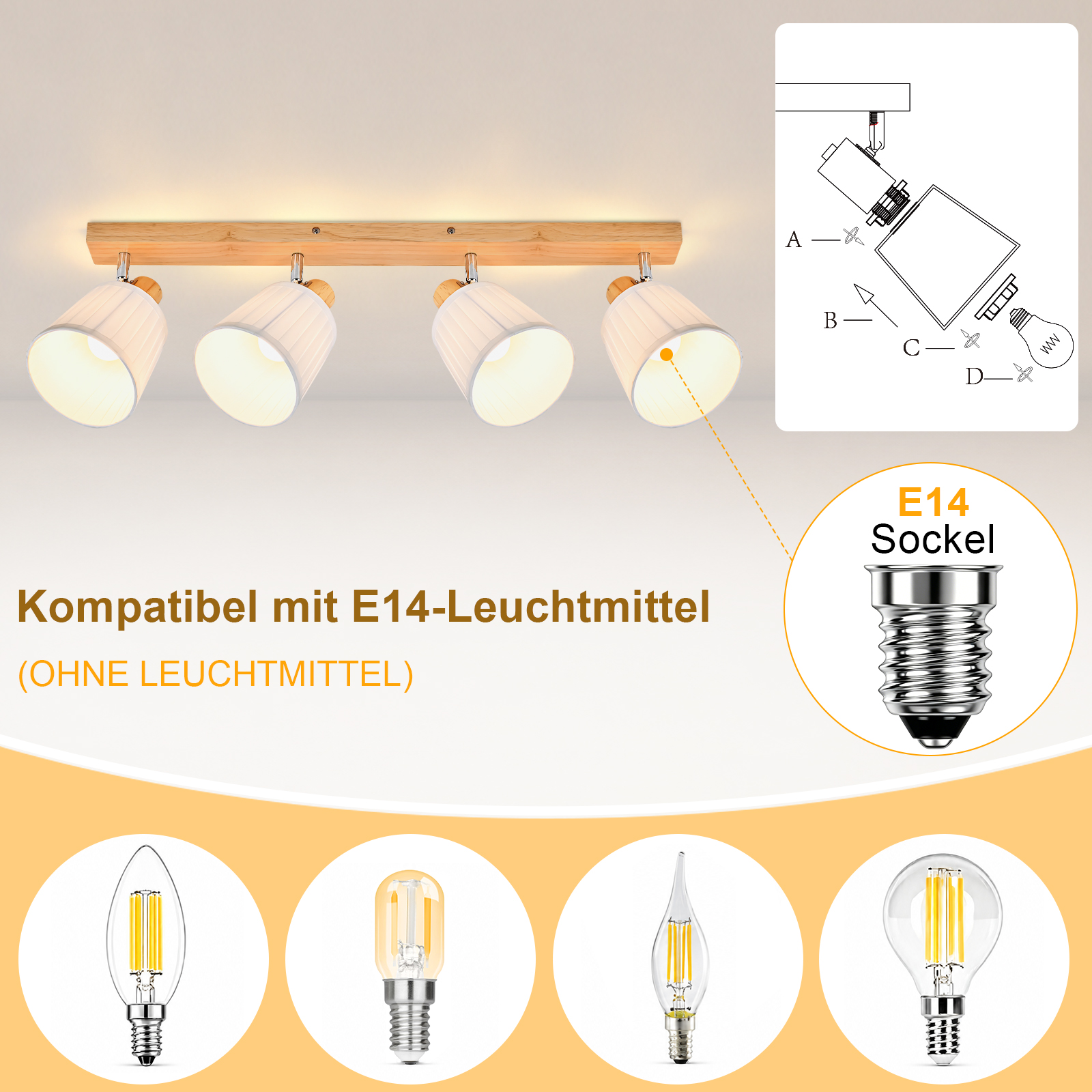 Lámpara de techo de madera con cuatro focos, casquillo E14, información de compatibilidad y diagramas.
