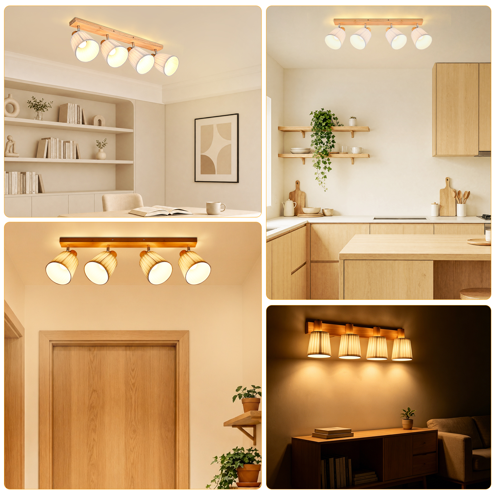 Lámpara de techo de cuatro luces con soporte de madera y pantallas en varias habitaciones.