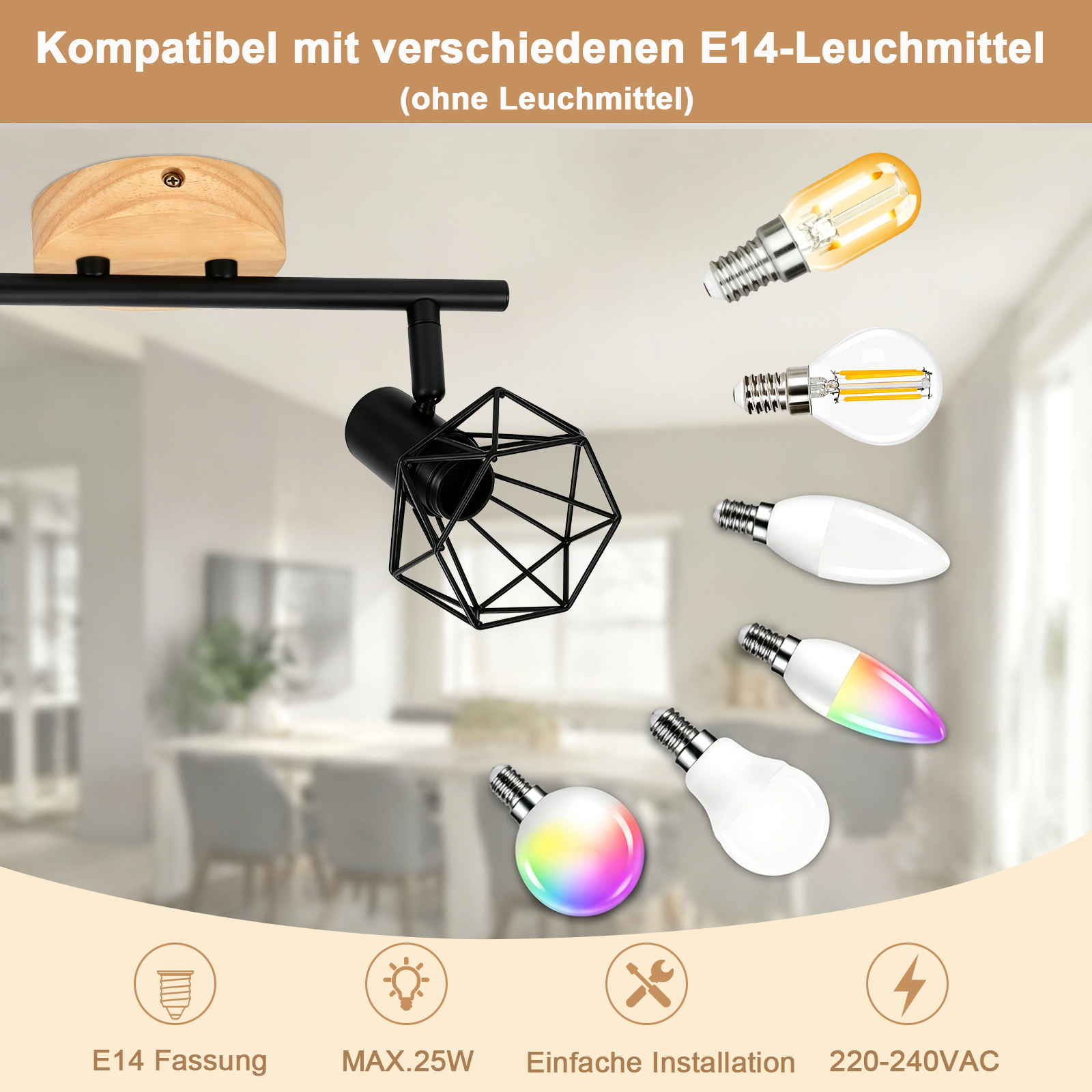 Lámpara de techo negra con elemento de madera y seis bombillas E14 compatibles.