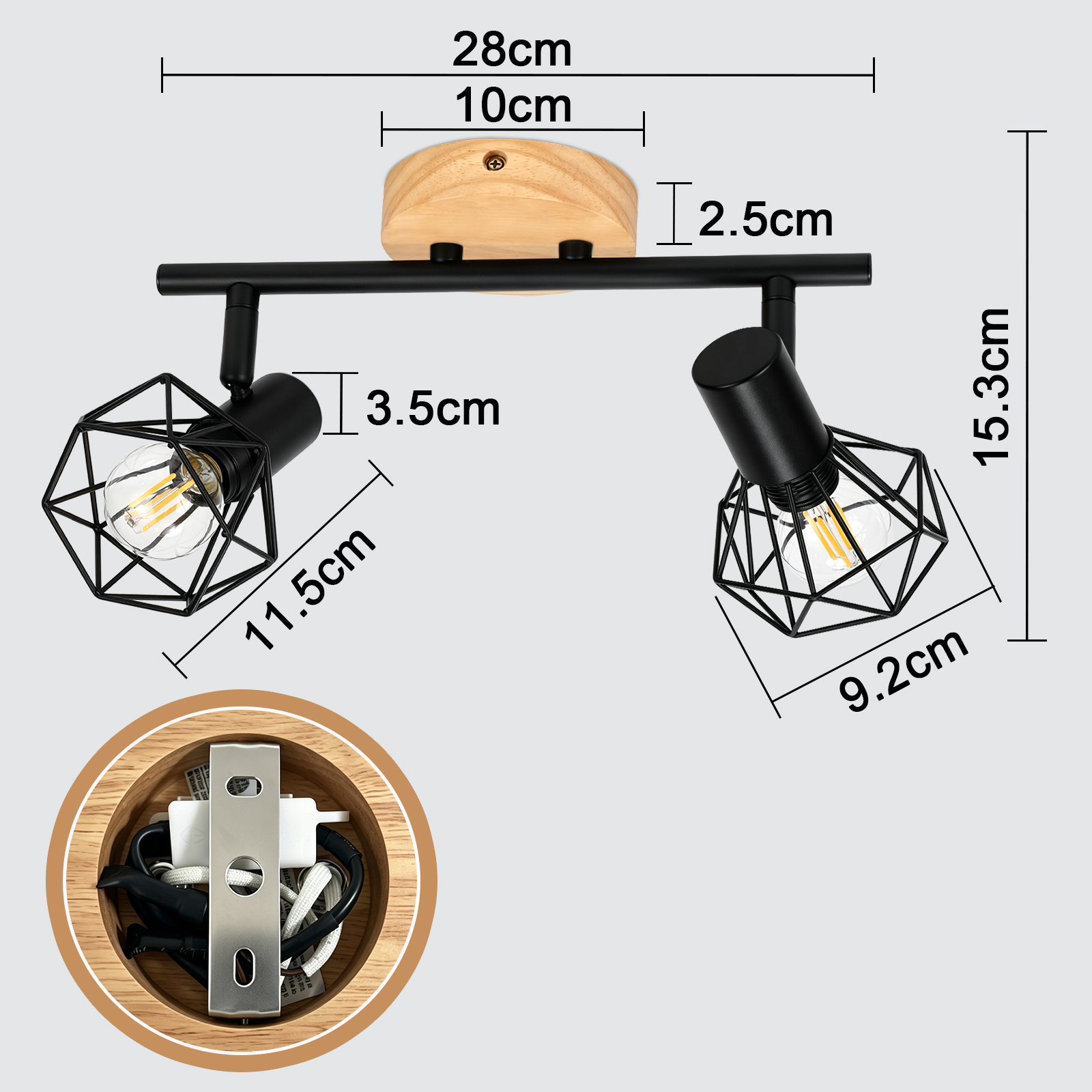 Dibujo técnico de una lámpara de techo de madera y negro con dos luces y medidas.
