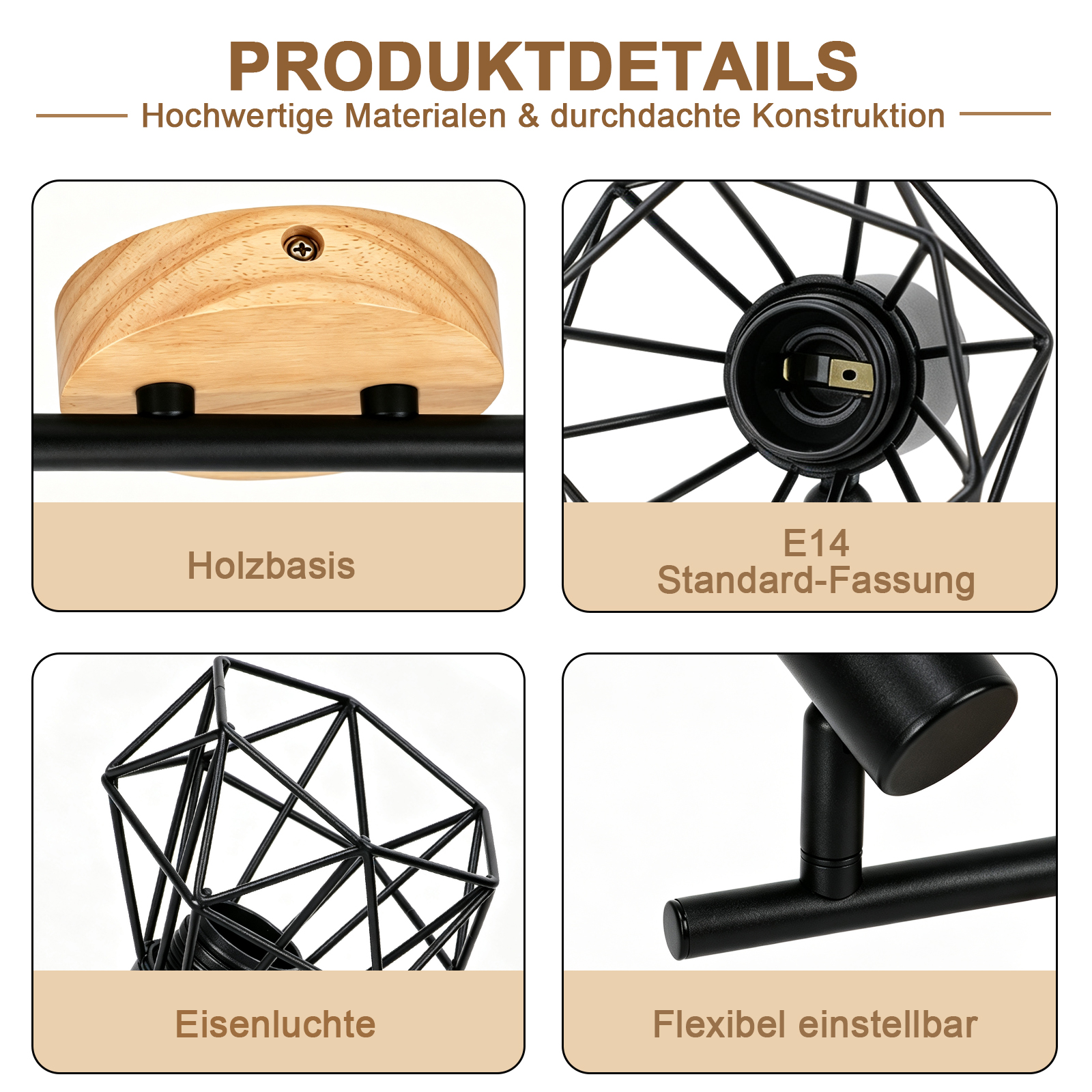 Cuatro detalles de un producto de lámpara: base de madera, casquillo E14, luz de hierro y ajuste flexible.