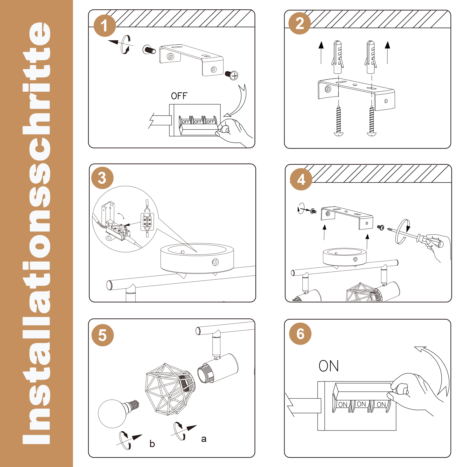 Instrucciones de seis pasos para instalar una lámpara de pared con soporte, cableado y bombilla.