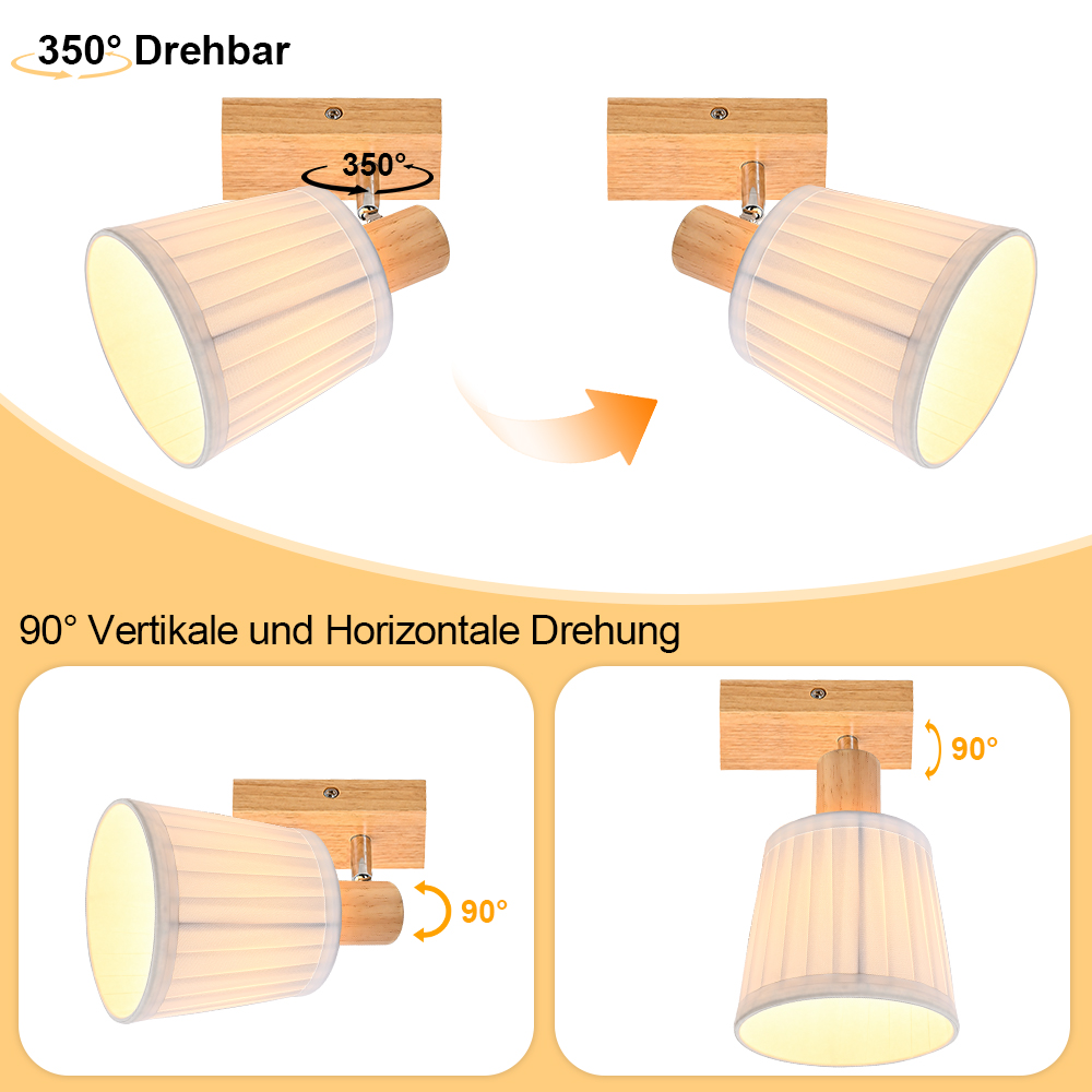 El diagrama muestra un aplique de pared de madera con rotación de 350 grados y ajuste vertical y horizontal.