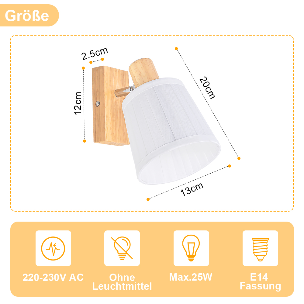 Dibujo técnico de un aplique de pared de madera con pantalla blanca, dimensiones e iconos.