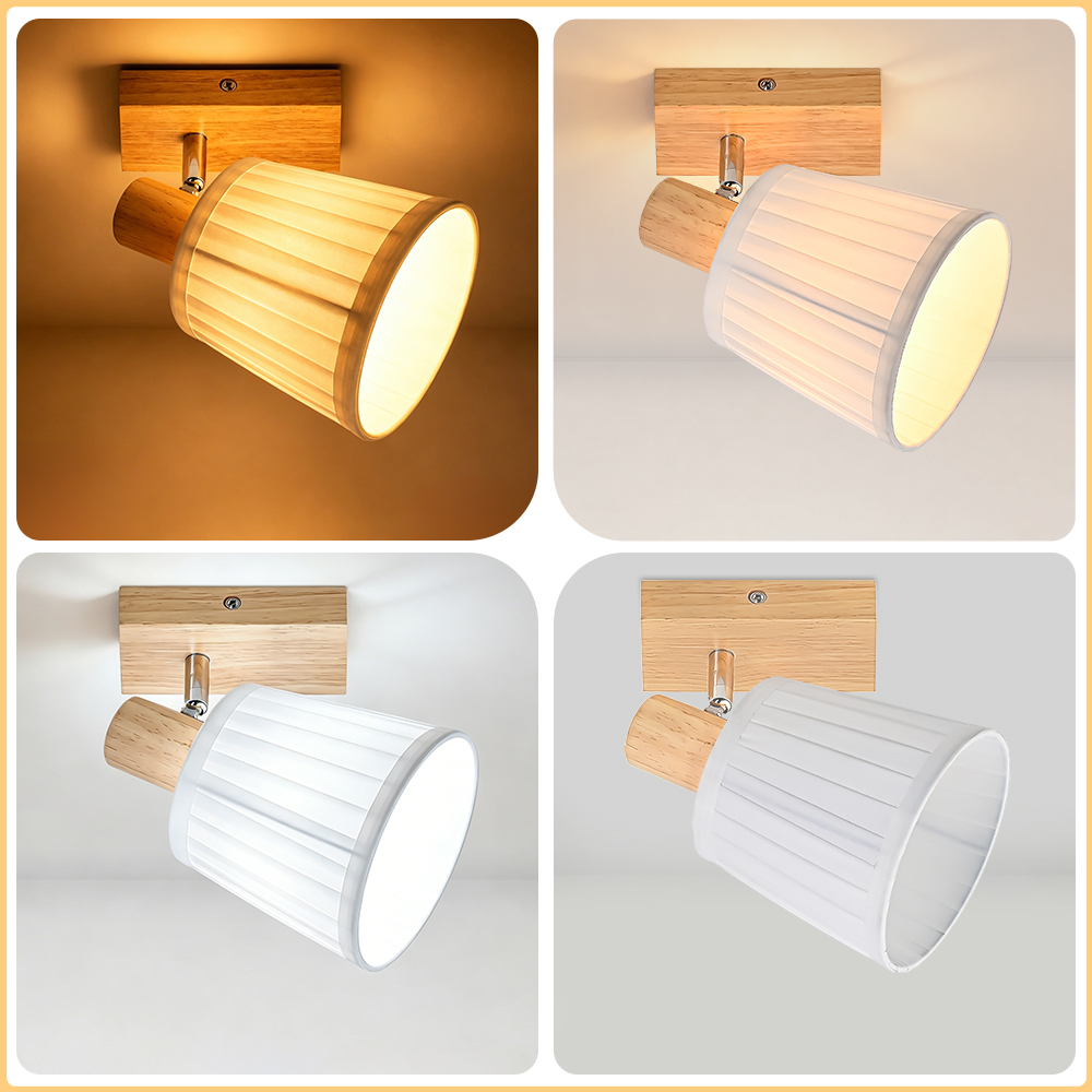 Cuatro imágenes muestran un aplique de pared con base de madera y pantalla blanca en diferentes colores de luz.