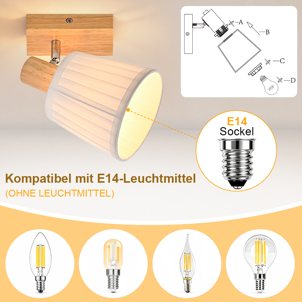 Un aplique de pared de madera con pantalla blanca, casquillo E14 y diagramas.