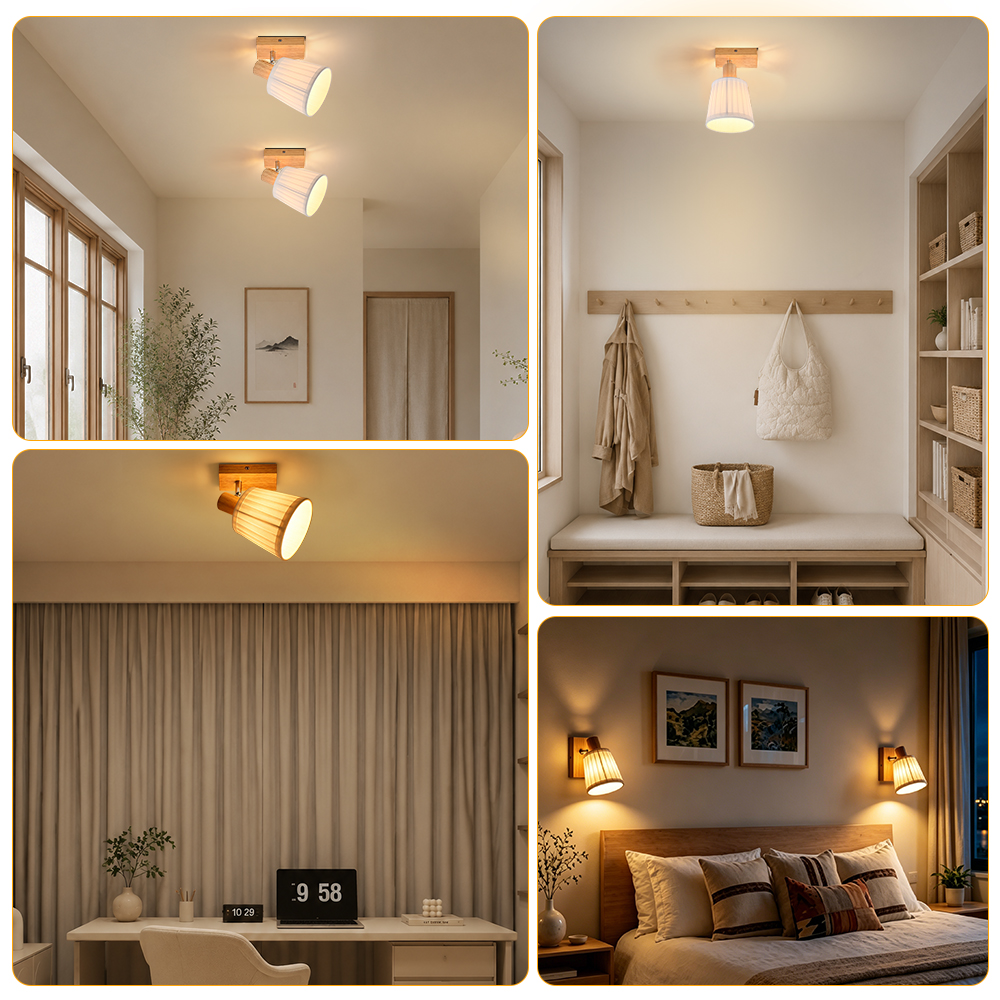 Luces de techo modernas con base de madera y pantallas plisadas blancas en varios espacios.
