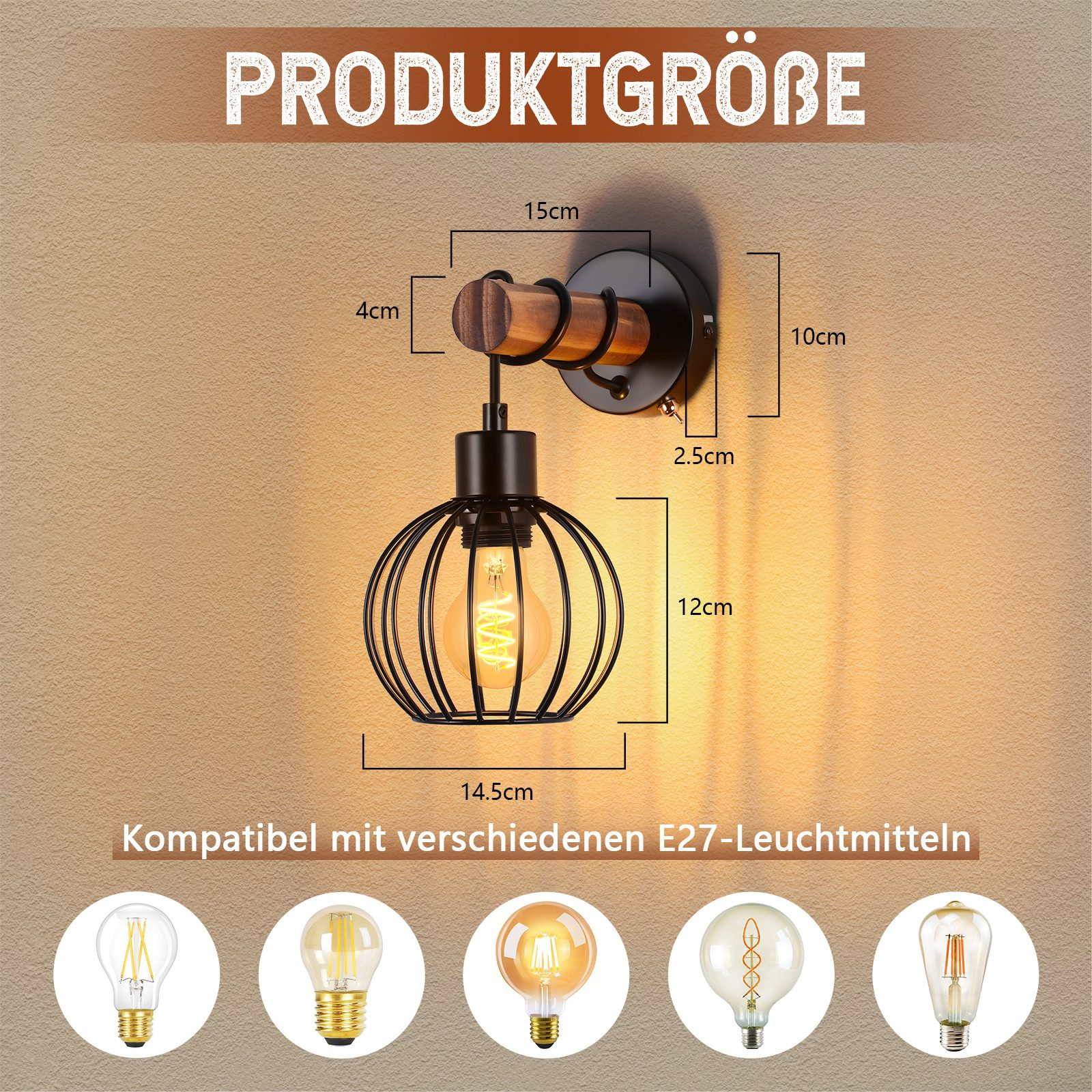 Dibujo técnico de un aplique de pared con dimensiones, elemento de madera y opciones de bombilla E27.