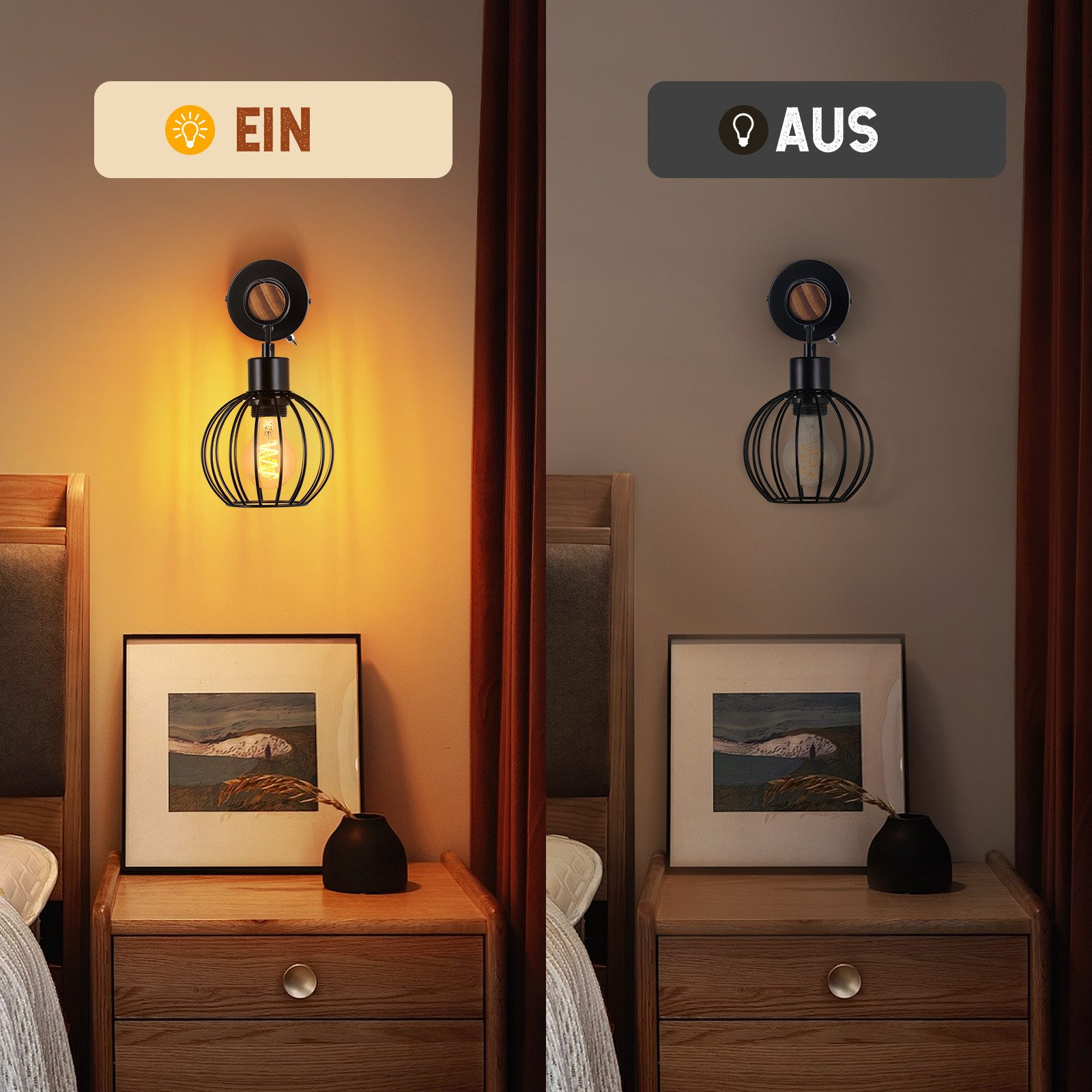 Comparación de dos apliques sobre una mesita de noche: a la izquierda encendido con luz cálida, a la derecha apagado.