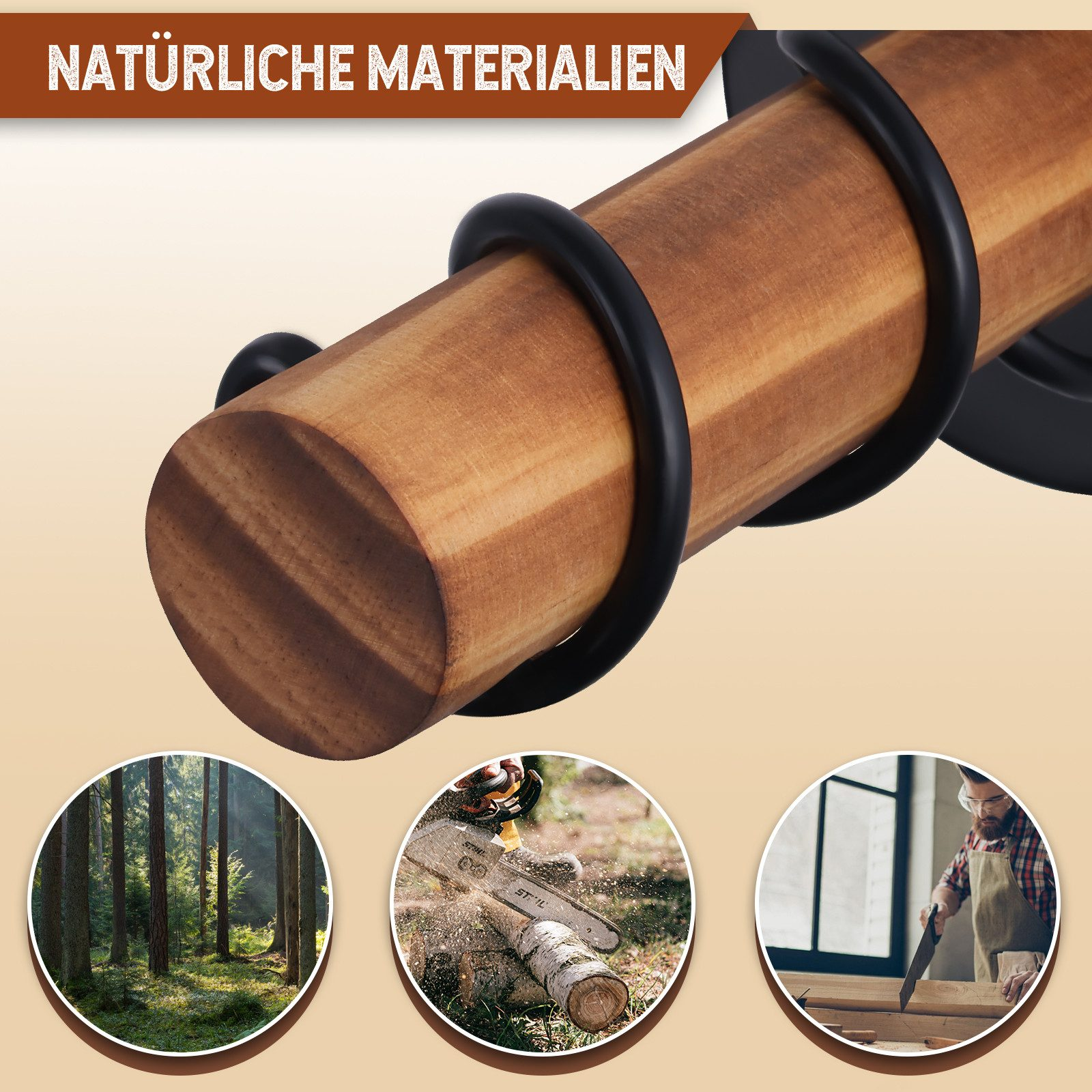 Barra de madera con anillos negros y tres imágenes pequeñas de un bosque, una motosierra y un carpintero.