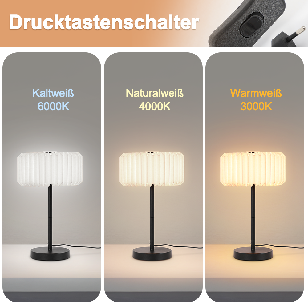 Tres lámparas de mesa iguales con diferentes temperaturas de luz: blanco frío, neutro y cálido.