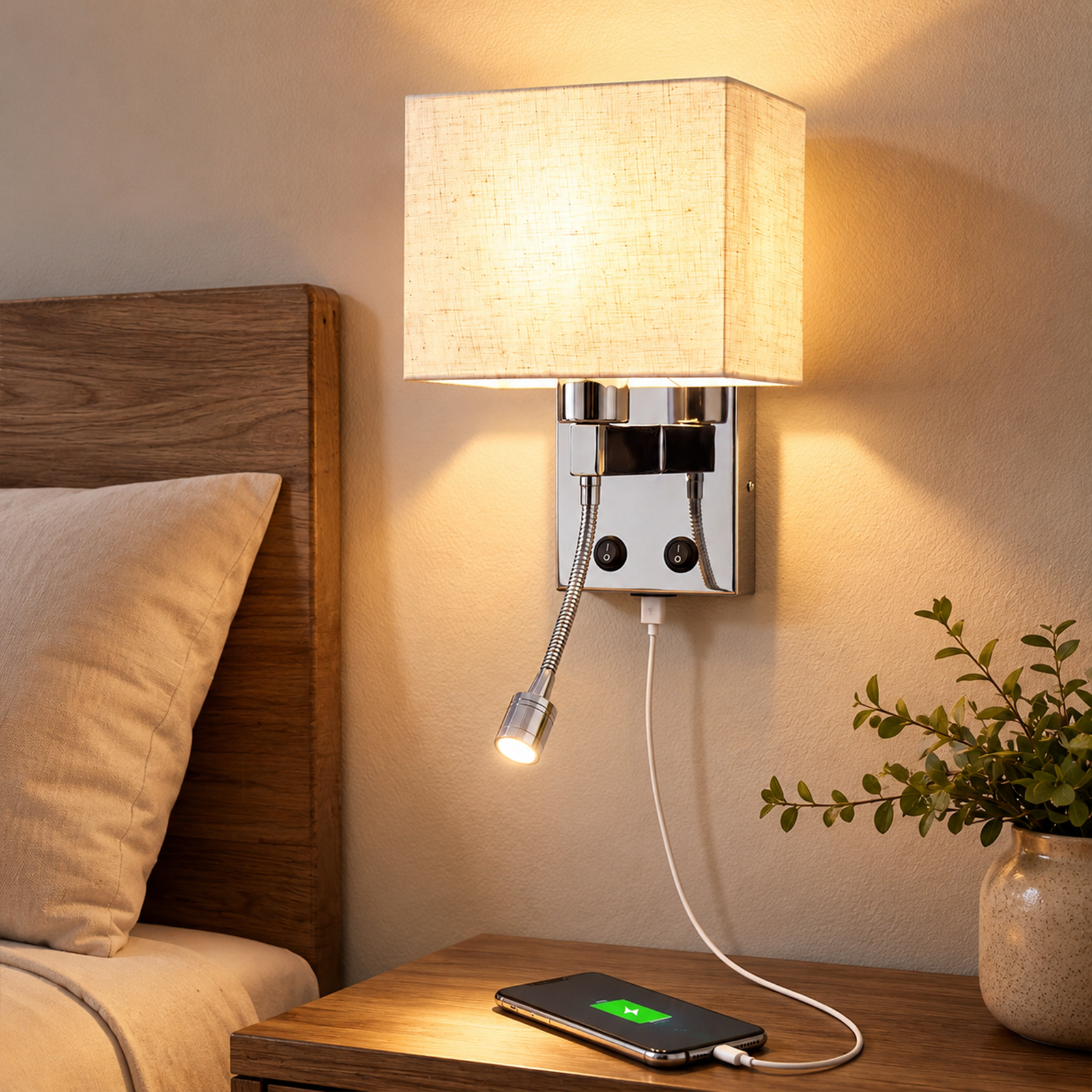 Una lámpara de pared con pantalla de tela y luz de lectura ilumina un smartphone cargando.