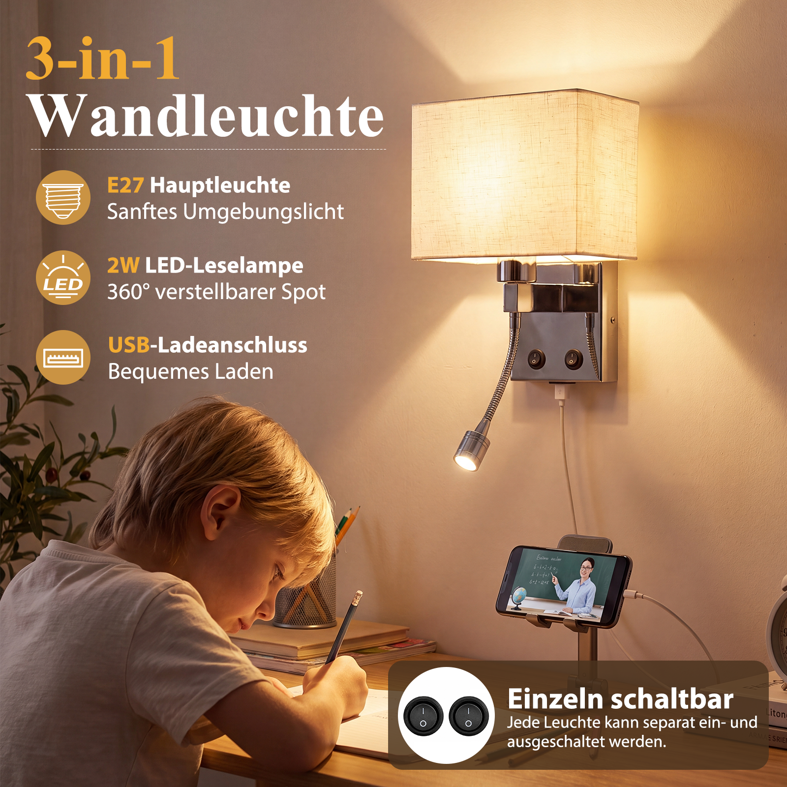 Un niño escribe en un escritorio junto a un aplique de pared con luz de lectura, puerto USB y gráficos de texto.