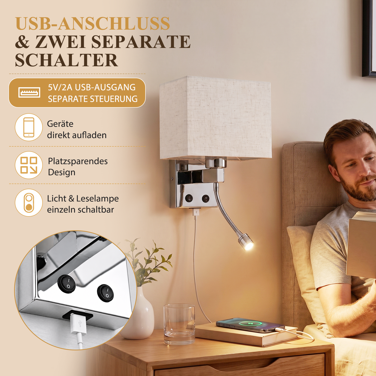Lámpara de pared con luz de lectura y puerto USB sobre una mesita de noche con un hombre leyendo.