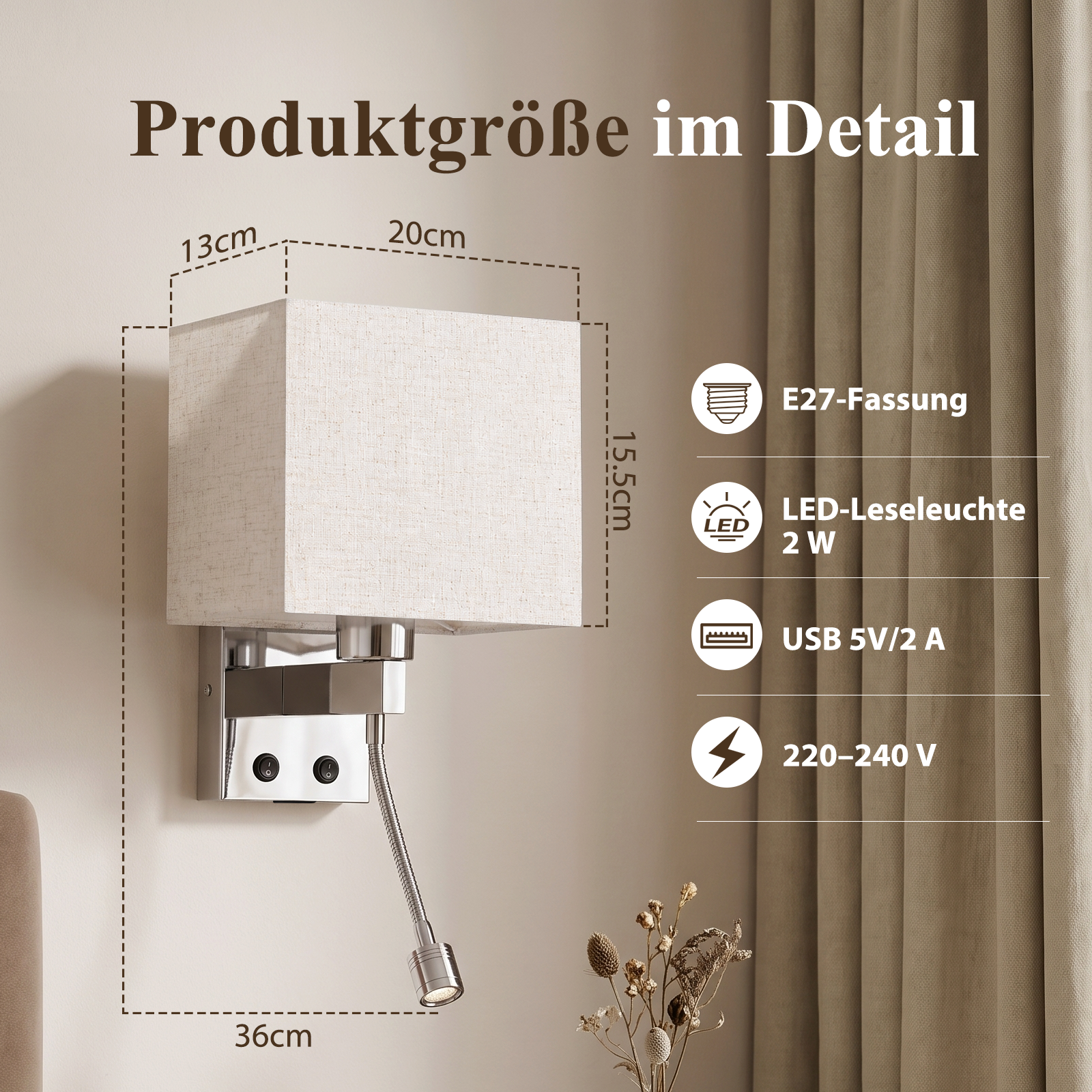 Lámpara de pared con pantalla de tela beige y luz de lectura flexible.