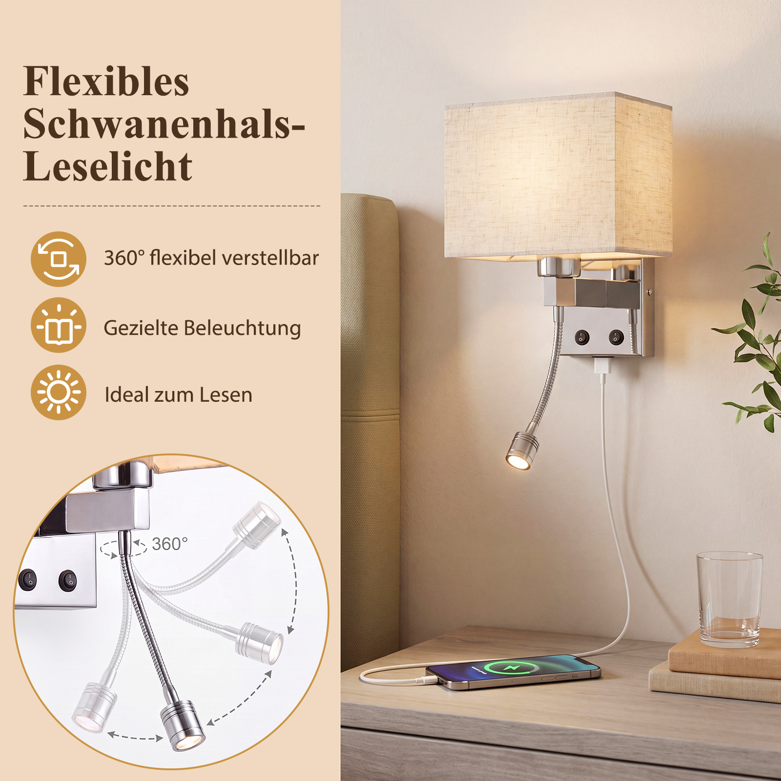 Lámpara de pared con pantalla de tela, brazo de lectura flexible y puerto USB integrado sobre la mesita.