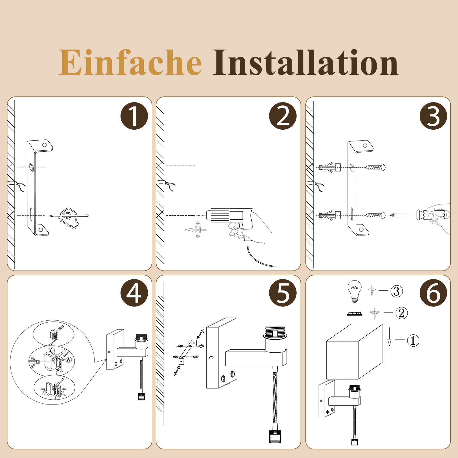 Diagrama paso a paso que muestra seis instrucciones para instalar una lámpara de pared.