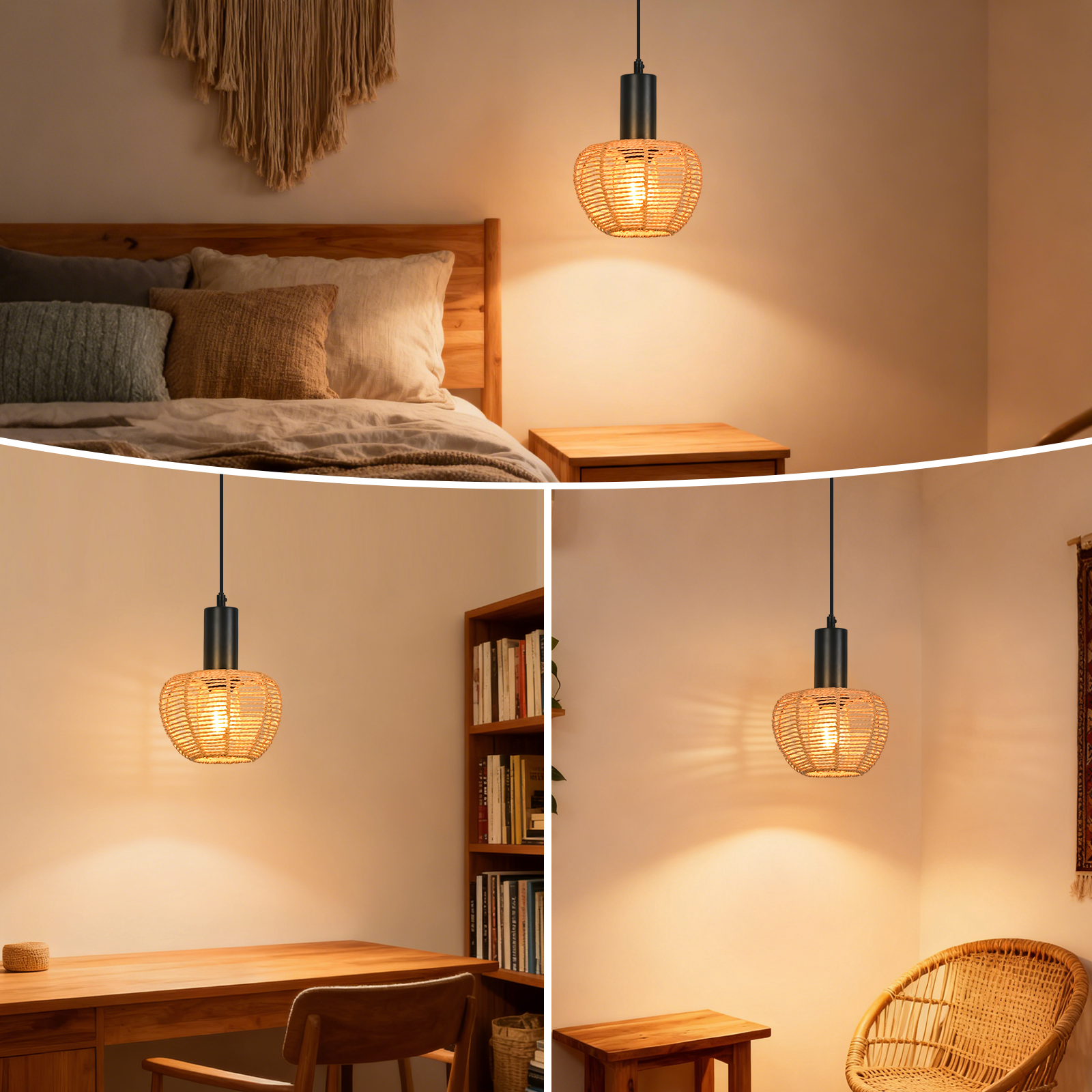 Tres lámparas colgantes de mimbre iluminan espacios interiores como un dormitorio, un escritorio y un rincón.