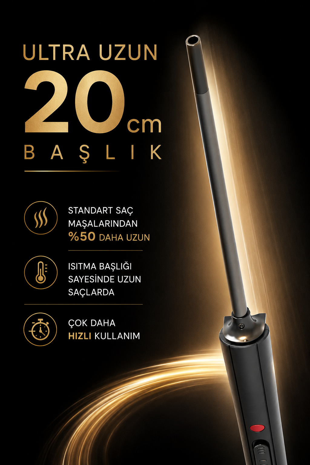 Siyah arka plan ve altın yazılar önünde 20 cm başlığa sahip uzun saç maşası.