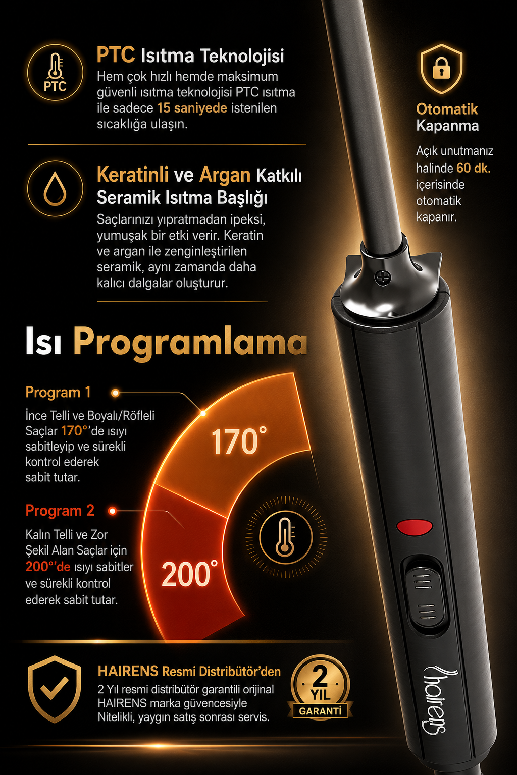 PTC ısıtma, seramik başlık ve sıcaklık programlarına sahip Hairens saç şekillendirici reklamı.
