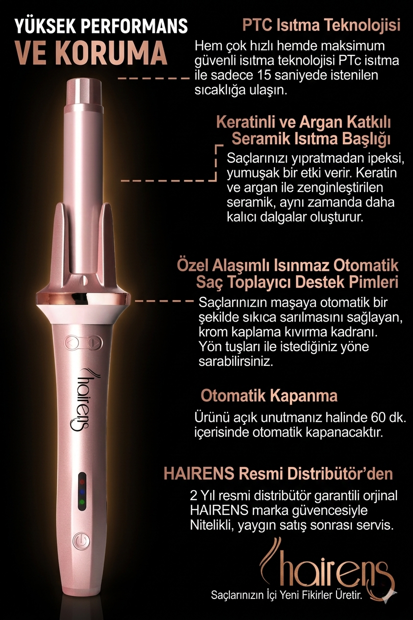 Siyah arka plan üzerinde tanıtım metinleri ve açıklamaları olan gül kurusu renkli otomatik saç maşası.