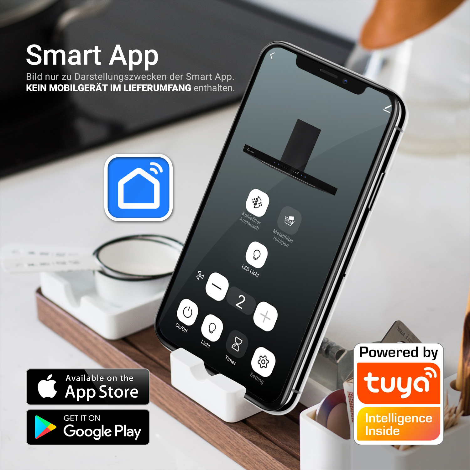 Uno smartphone su supporto mostra un'app per controllare la cappa aspirante, su sfondo di cucina.