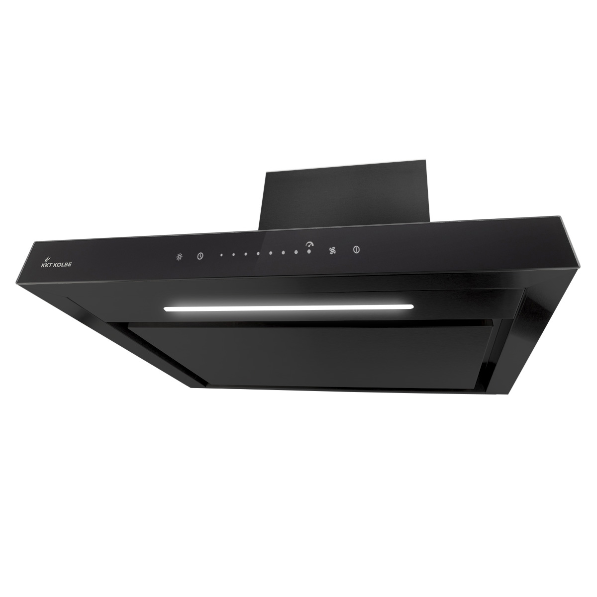 Moderna cappa aspirante nera con pannello touch e barra LED luminosa.