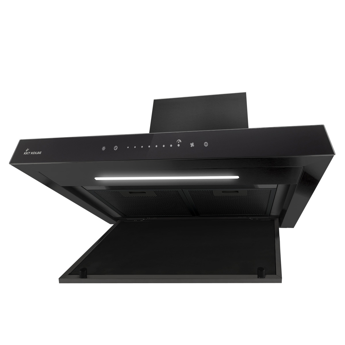Una cappa aspirante nera KKT Kolbe con pannello in vetro aperto, striscia LED illuminata e comandi a sfioramento.
