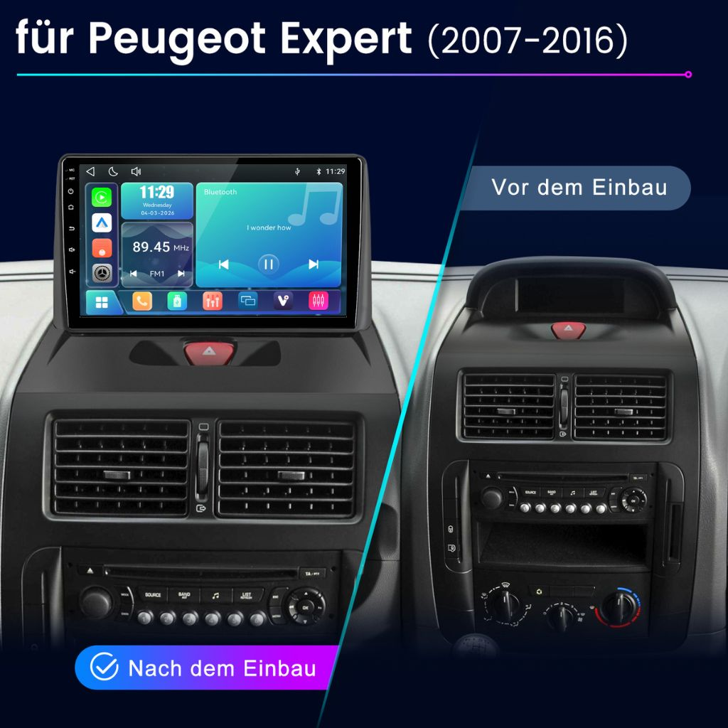 Vergleich Peugeot Expert Armaturenbrett vor und nach dem Einbau eines Multimedia-Bildschirms.