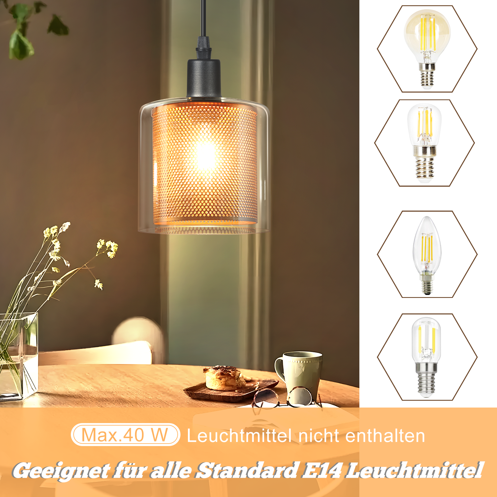 Lámpara colgante con pantalla de vidrio y cobre sobre mesa de madera, con cuatro bombillas a la derecha.