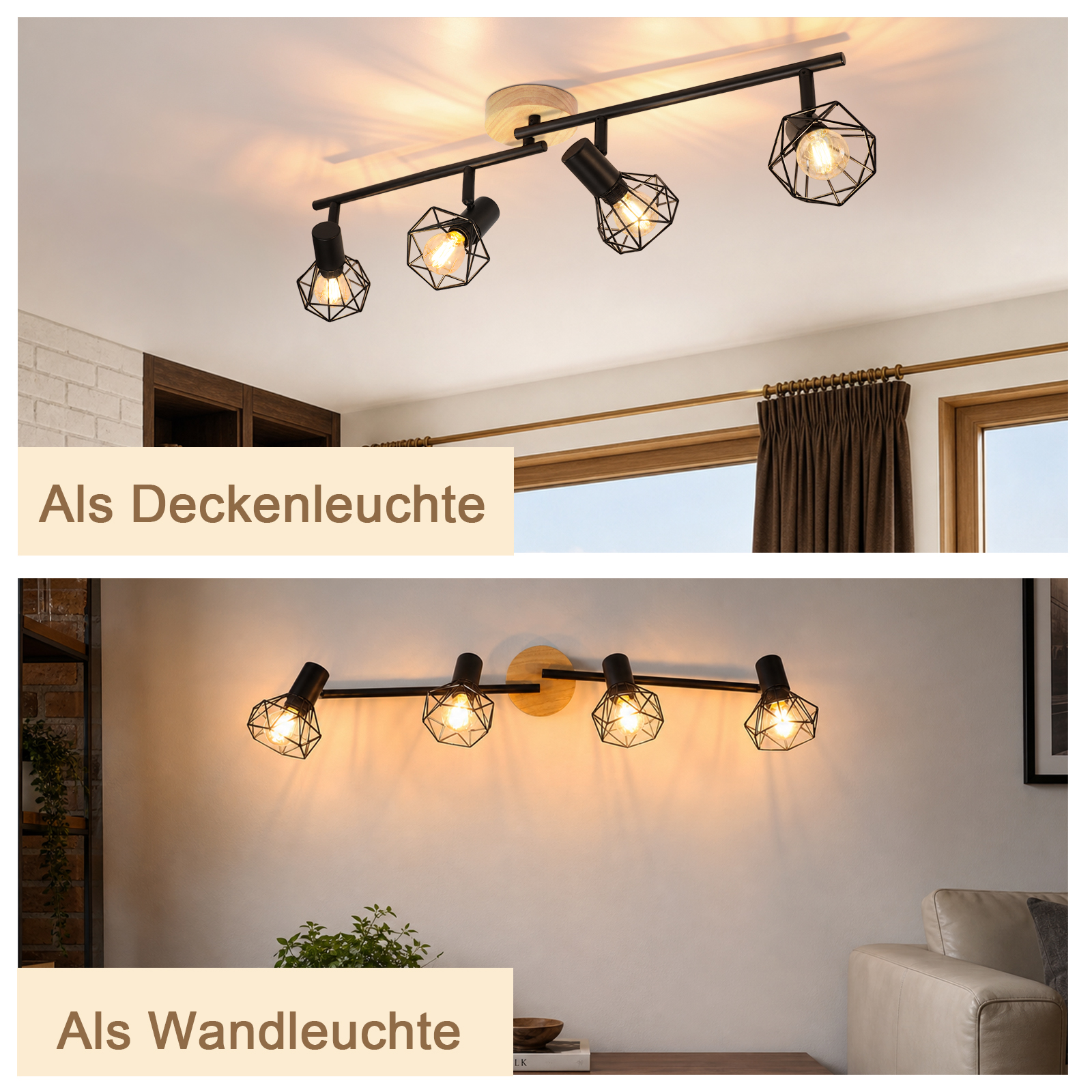 Un aplique de techo y pared de cuatro luces con jaulas de metal negro y detalles de madera, iluminado en un salón.
