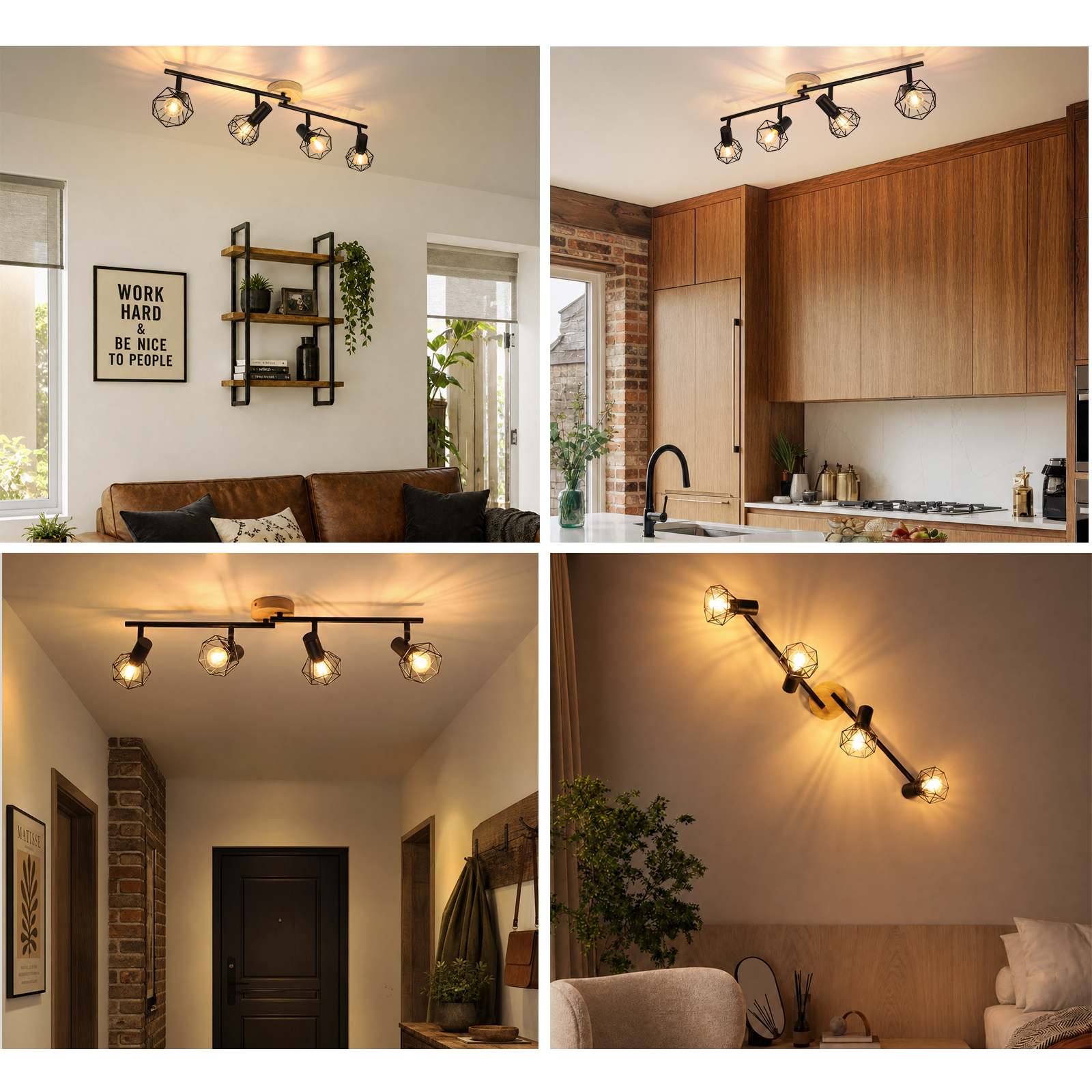 Lámpara de techo de cuatro luces con jaulas de metal negro y acento de madera en varias habitaciones.