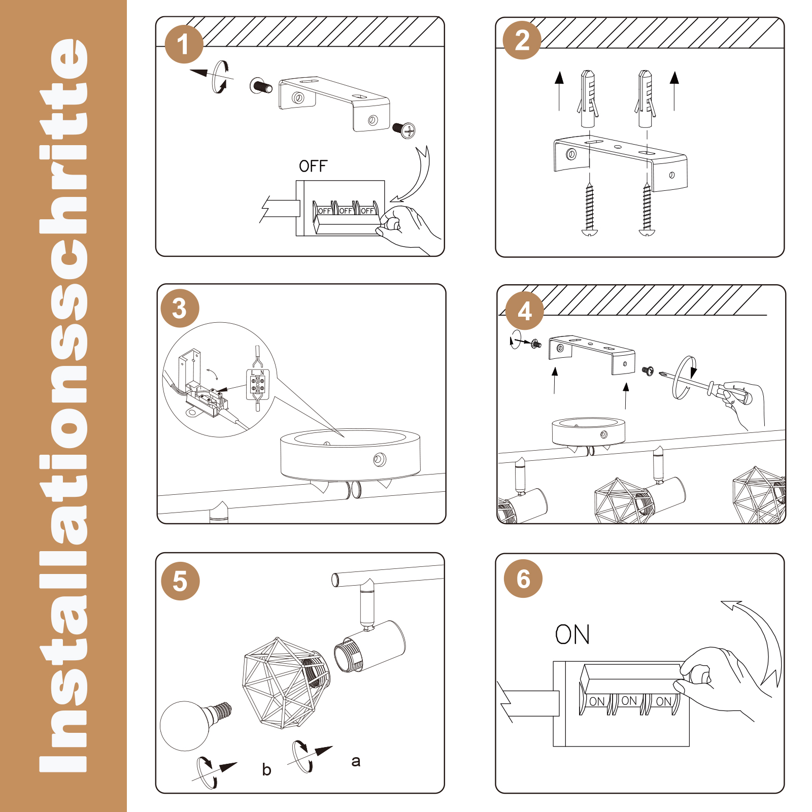 Seis pasos ilustrados para instalar una lámpara de techo, desde la preparación hasta encenderla.