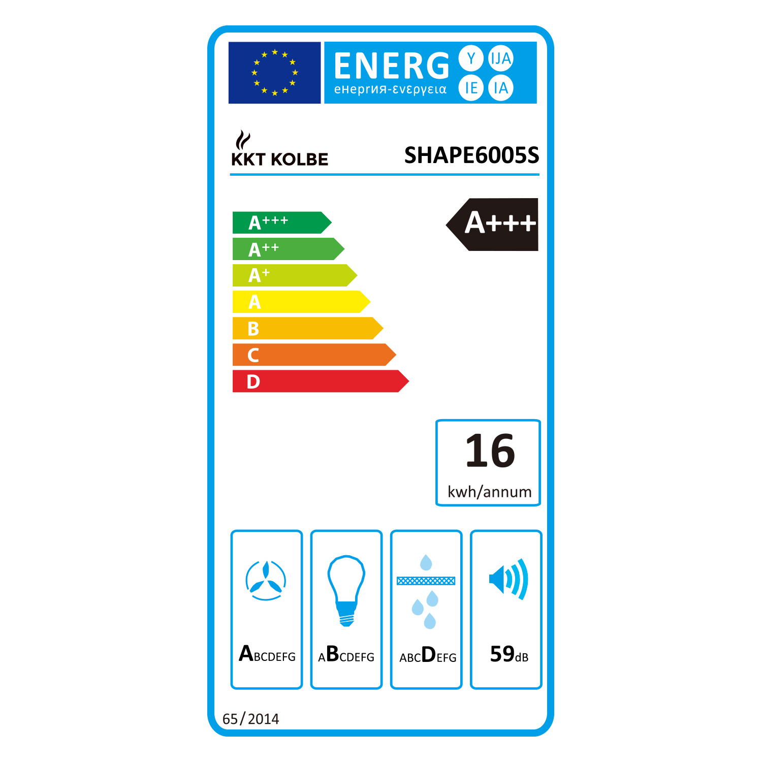 Etichetta energetica KKT KOLBE SHAPE6005S classe A+++, con 16 kWh/anno e 59dB.
