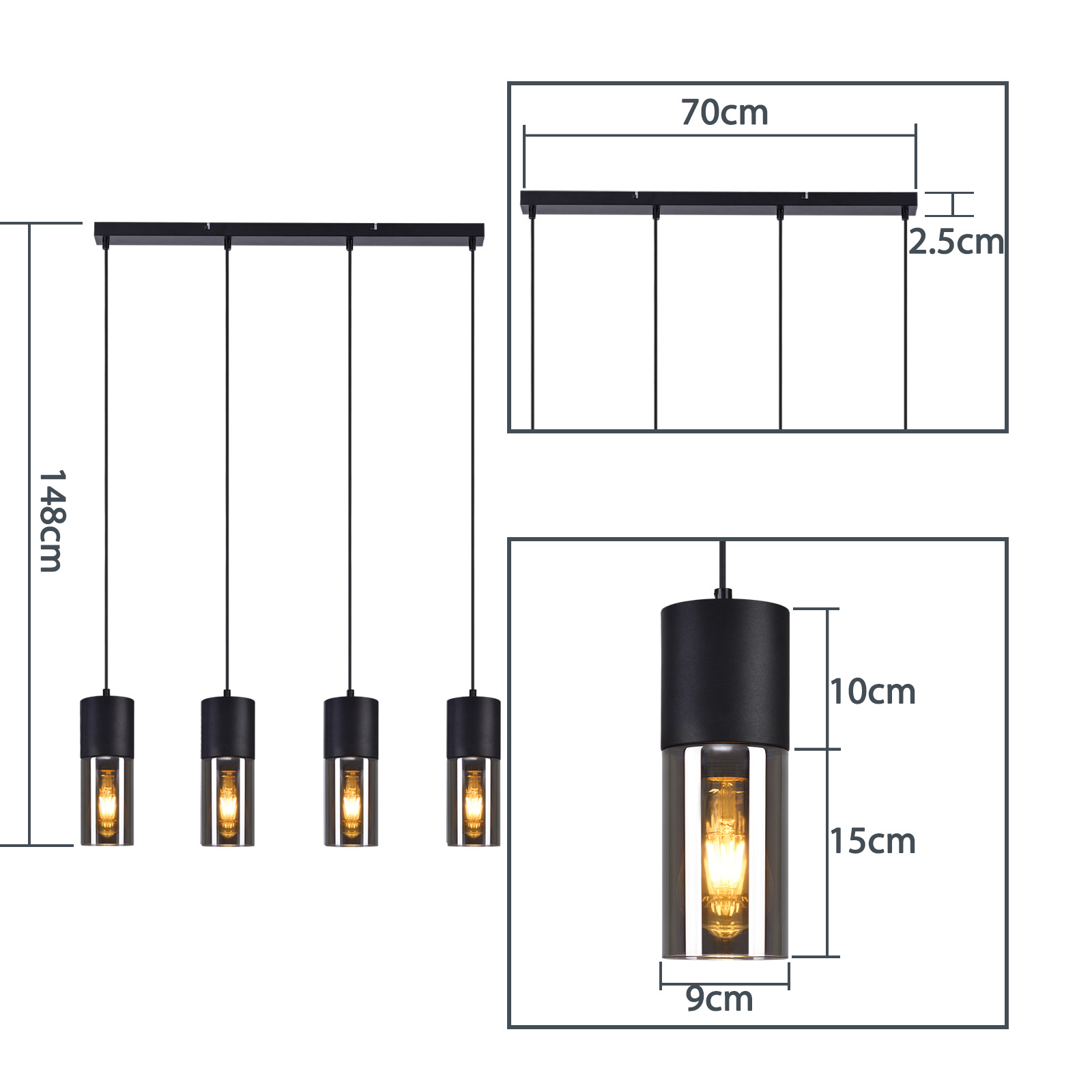Diagrama de una lámpara colgante negra de cuatro luces con dimensiones en cm.