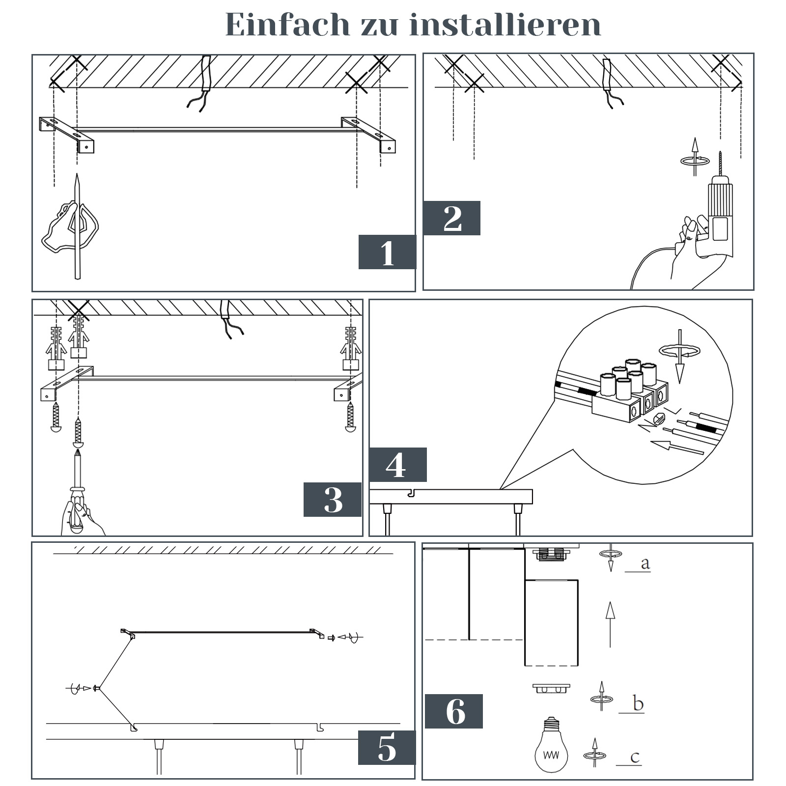 Guía de seis pasos para instalar una lámpara de techo con marcado, perforación, cableado y montaje.