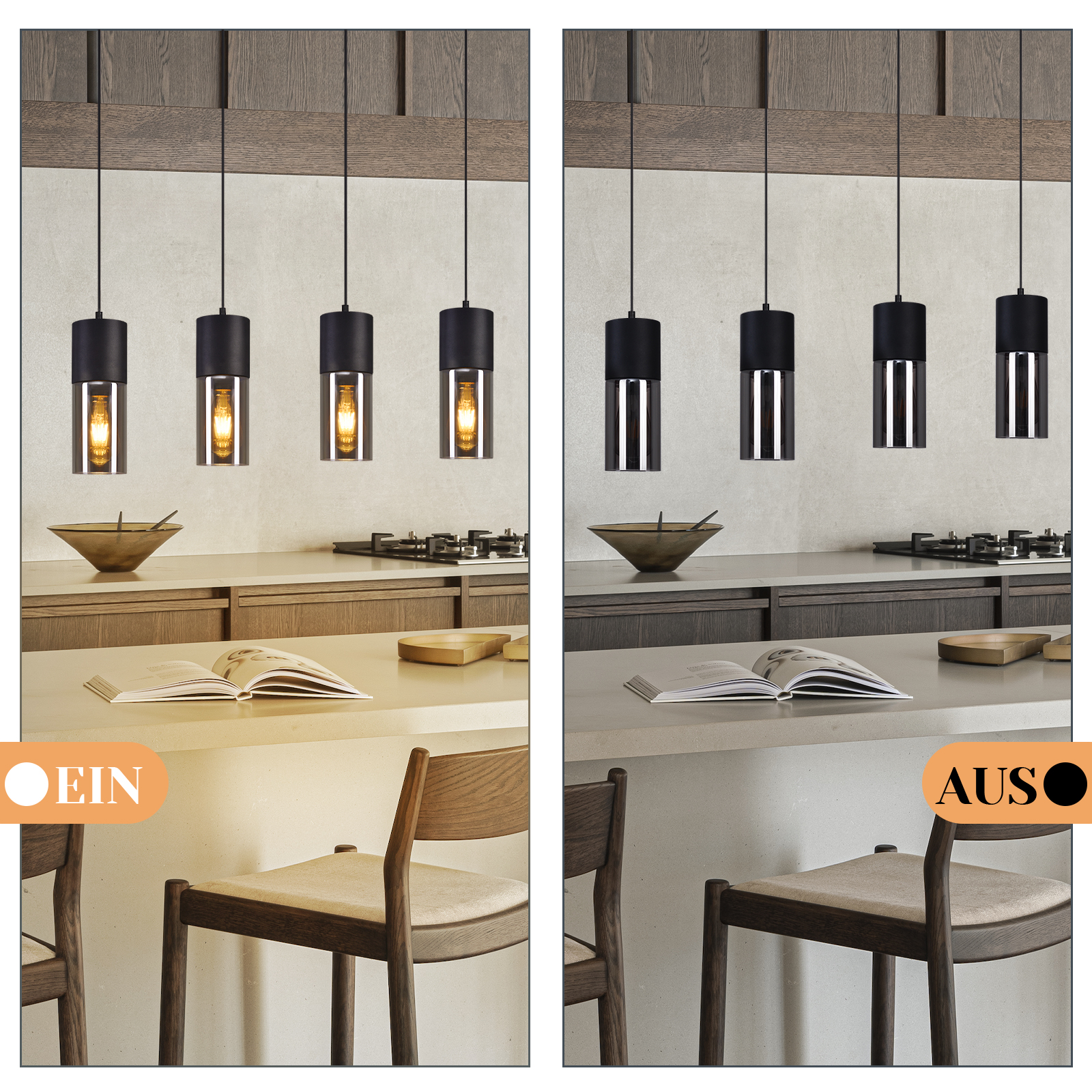 Comparación de cocina con cuatro lámparas colgantes encendidas a la izquierda y apagadas a la derecha.