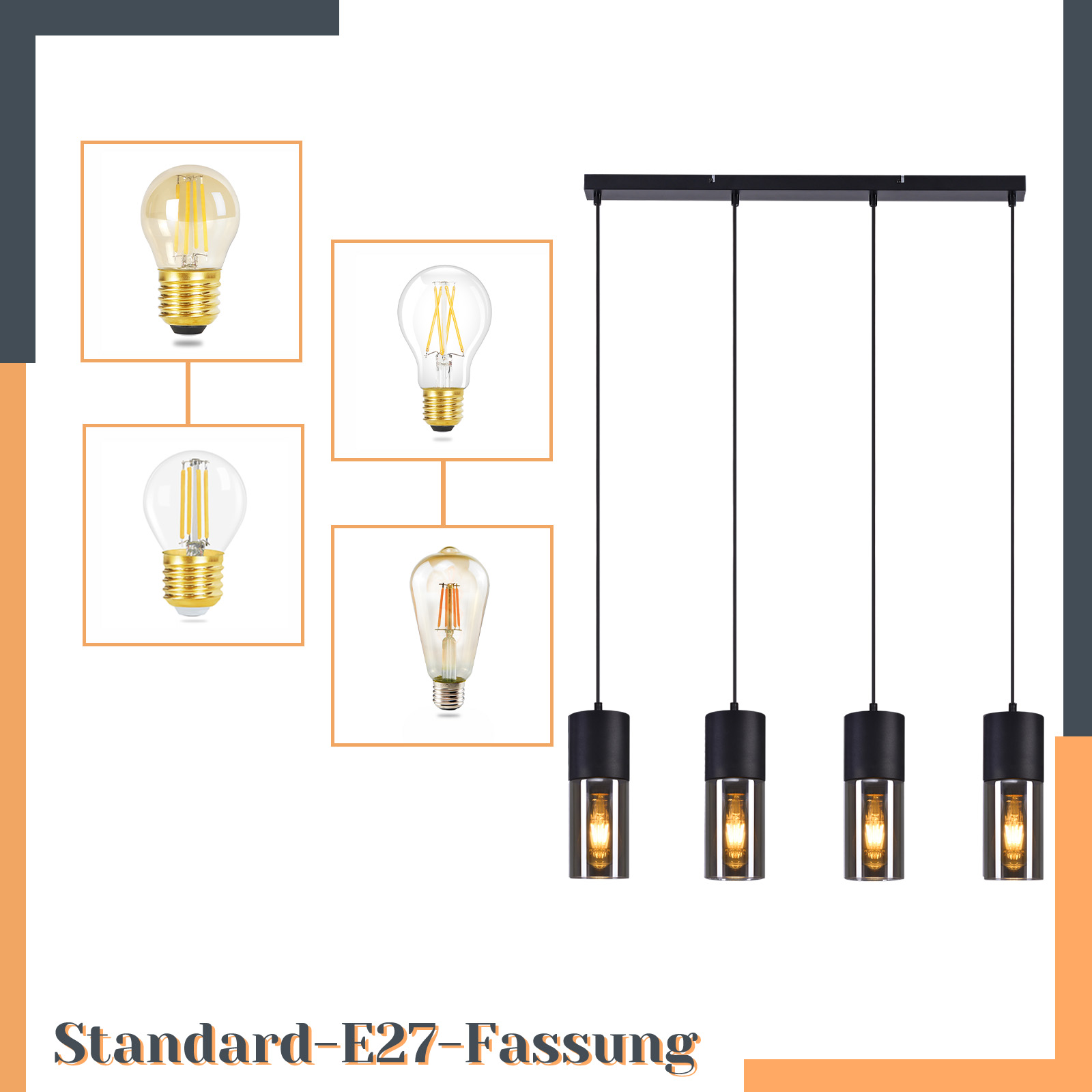 Lámpara colgante negra de cuatro luces con casquillo E27 y varias bombillas LED.