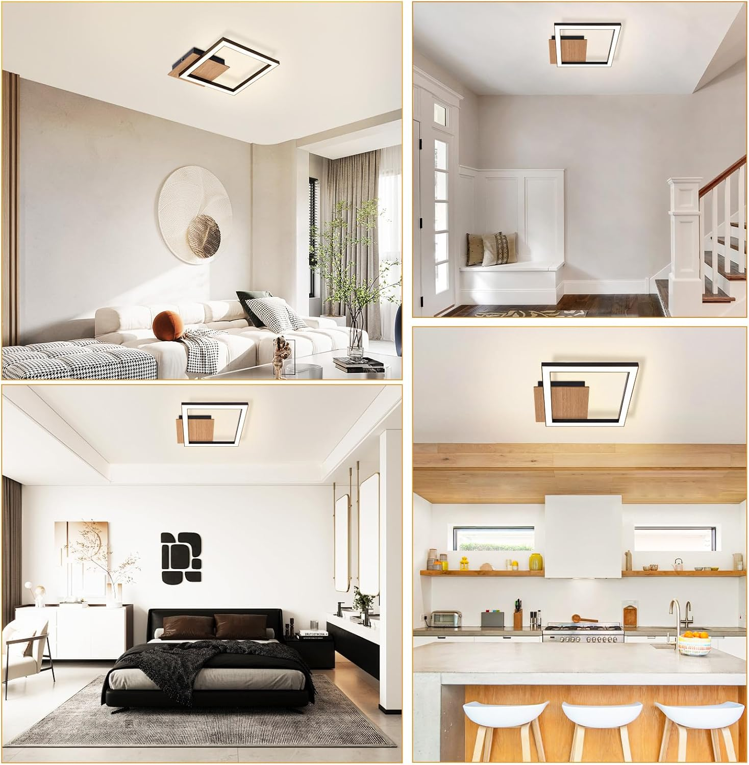 Moderna lámpara de techo cuadrada de madera y metal en cuatro habitaciones luminosas.