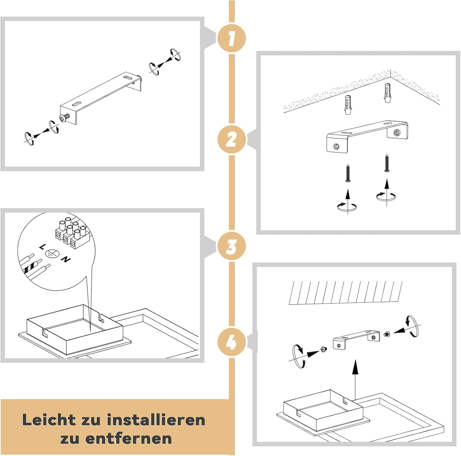 Diagrama de cuatro pasos que muestra la instalación en el techo de una lámpara con soporte y conexiones.