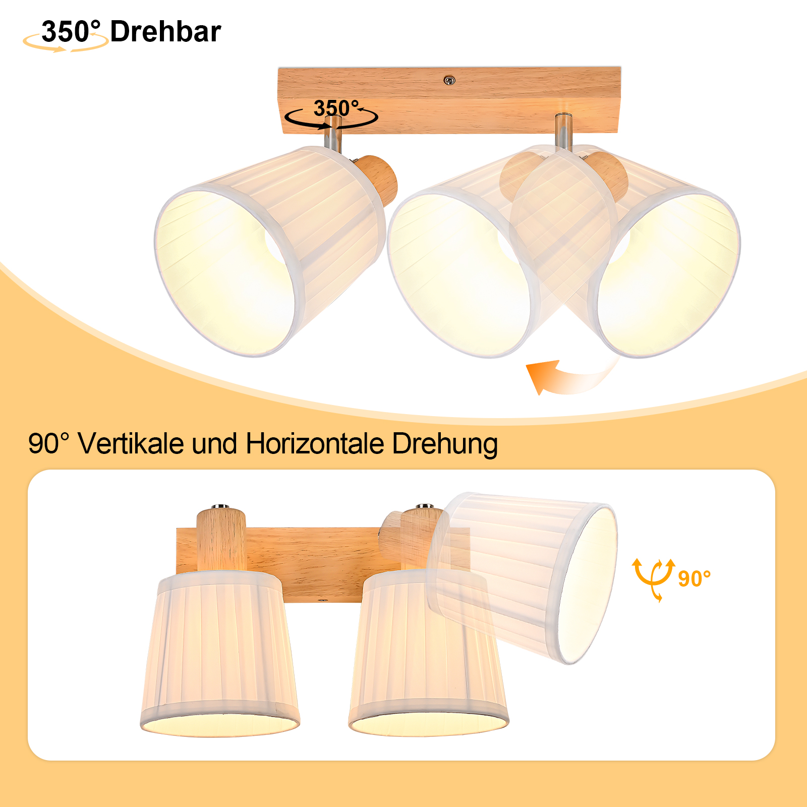 Lámpara de pared de madera con dos pantallas blancas ajustables y giro de 350 grados.