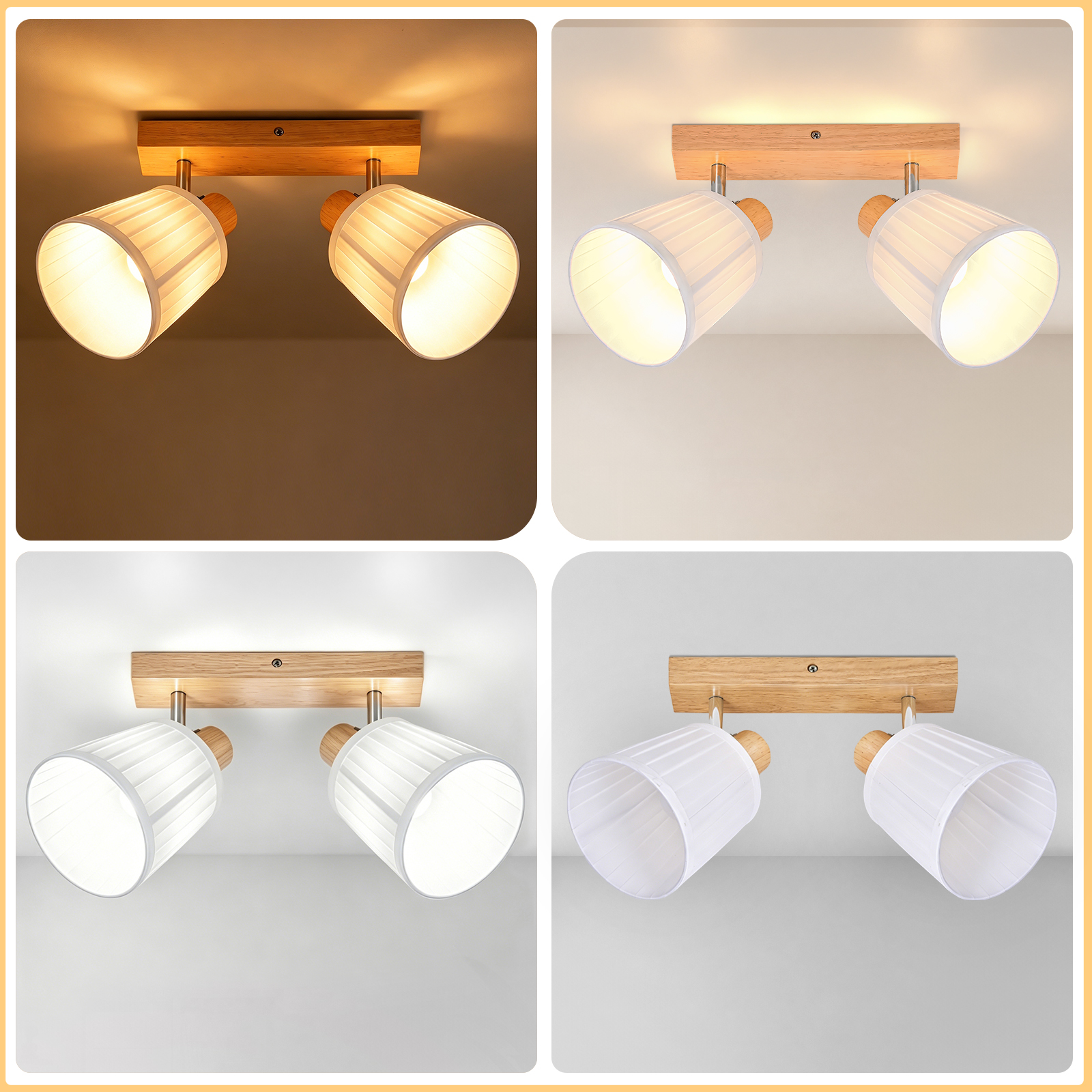 Lámpara de techo de madera con dos pantallas plisadas blancas ajustables, mostrada en cuatro tonos de luz.