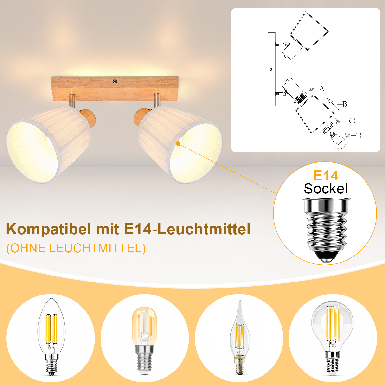 Lámpara de pared de madera con dos pantallas blancas, casquillo E14 e instrucciones.