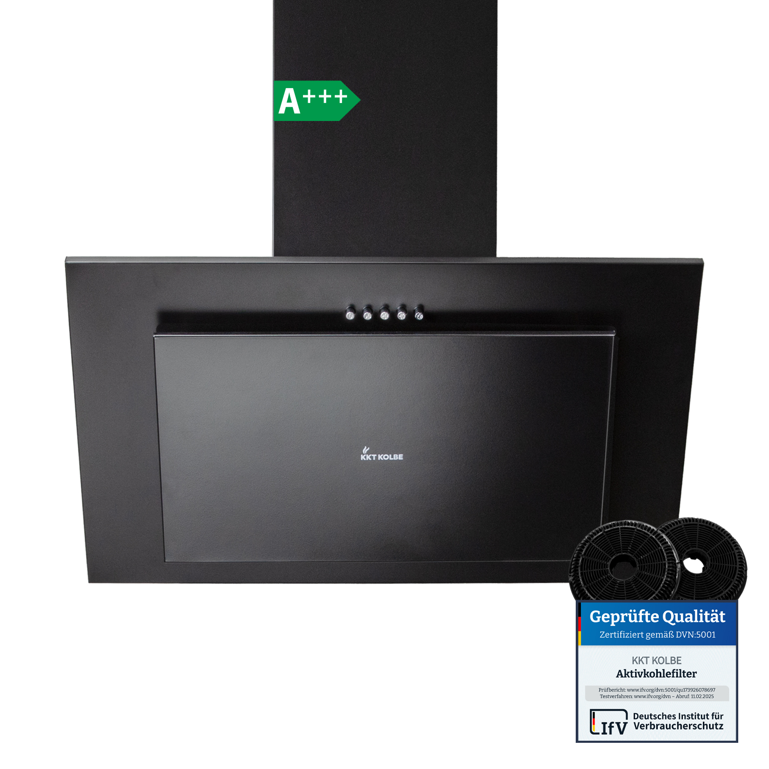 Cappa aspirante nera con etichetta di efficienza energetica A+++ e due filtri a carboni attivi.