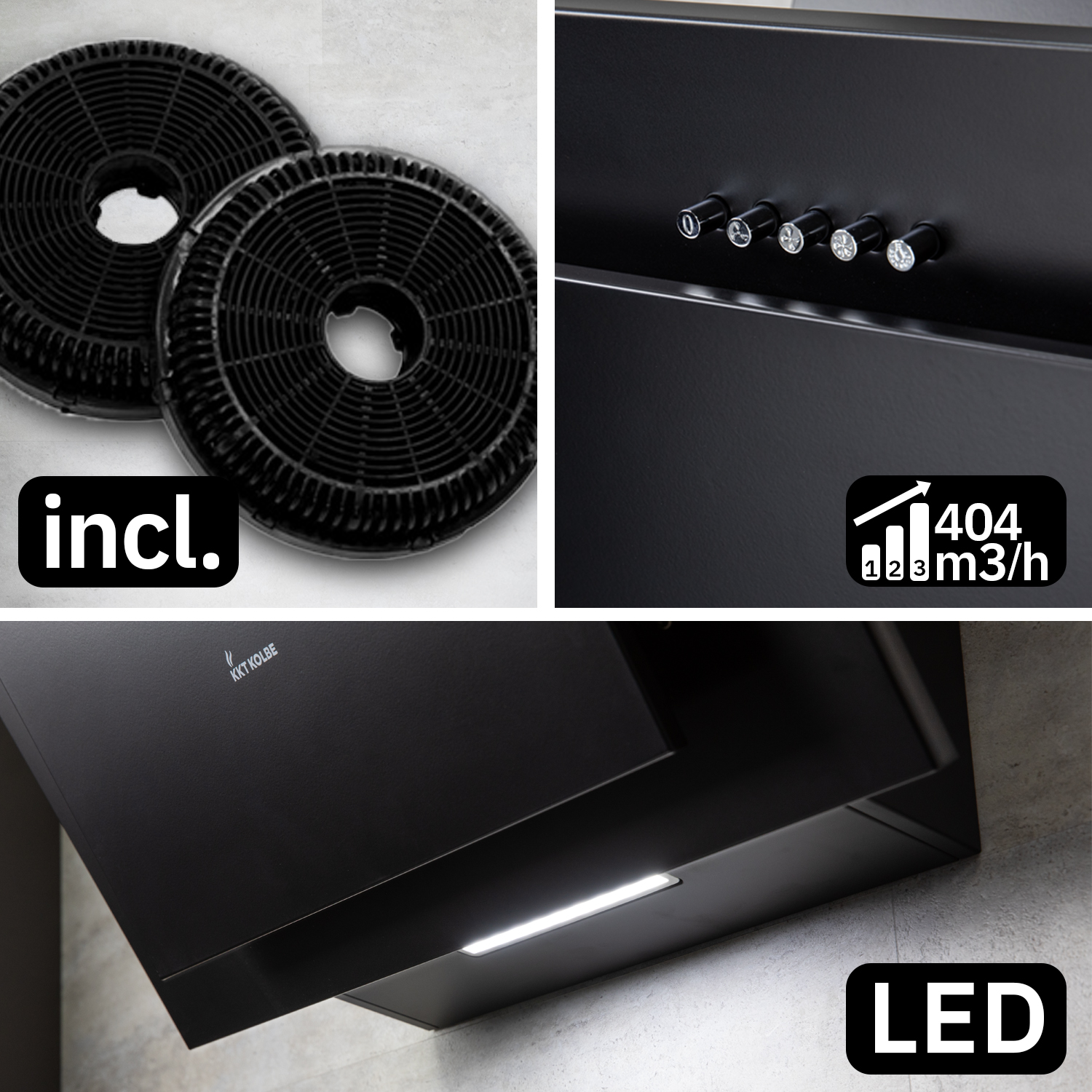 Cappa da cucina nera con filtri al carbone, cinque pulsanti, capacità di 404 m3/h e illuminazione a LED.