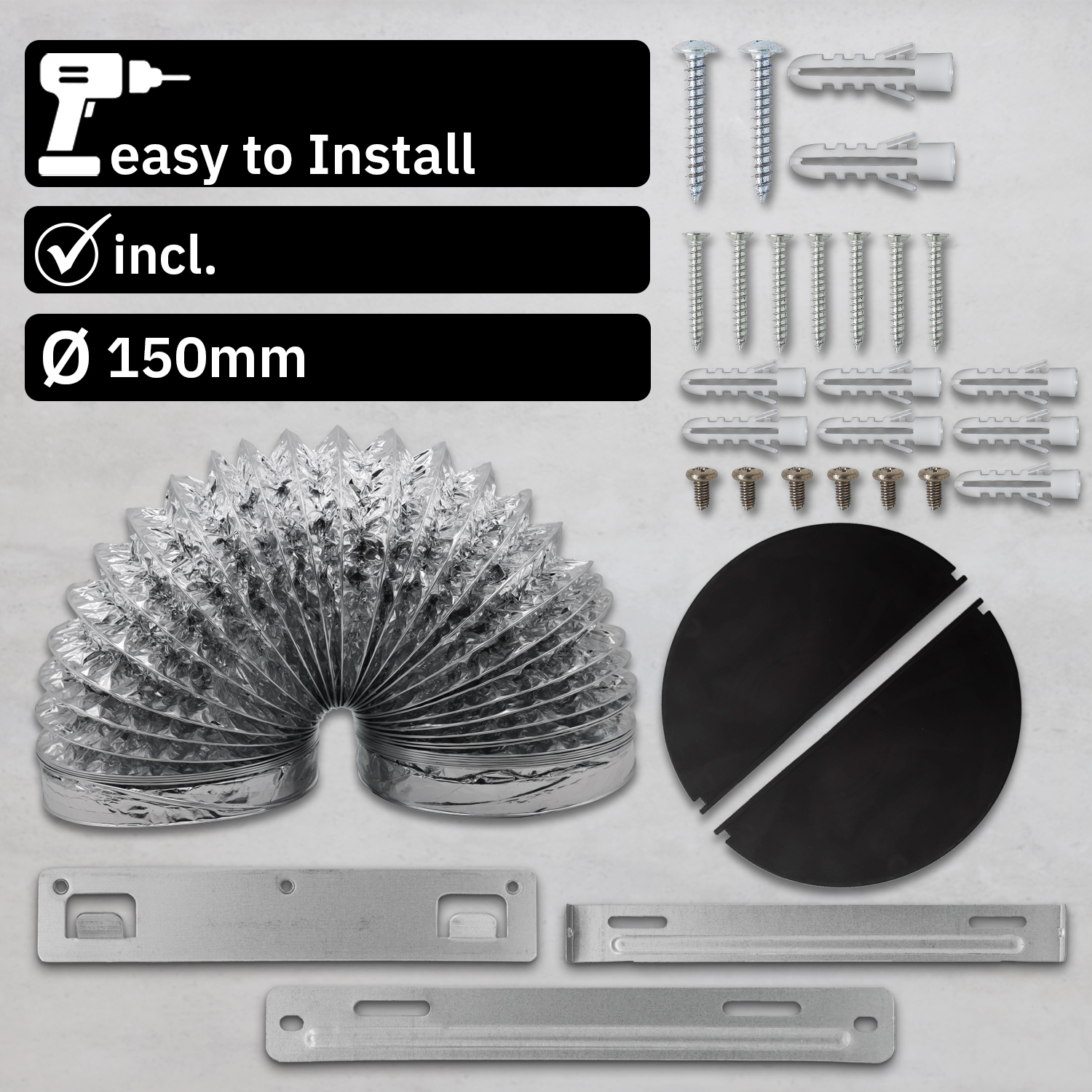 Kit di installazione con tubo flessibile in alluminio, viti, tasselli, copertura nera e staffe su sfondo grigio.