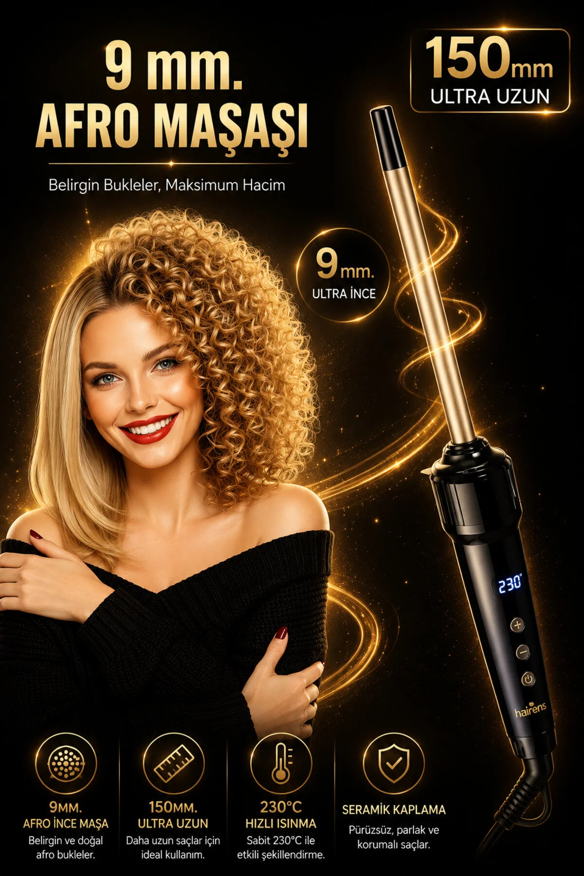 9 mm afro maşa reklamı, gülümseyen afro kıvırcık saçlı bir kadın.