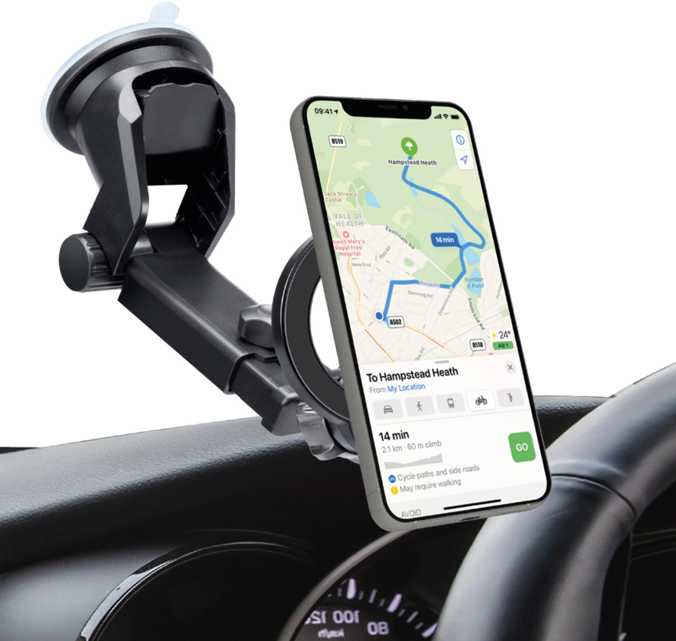 Smartphone con navigazione GPS su supporto nero montato sul cruscotto.