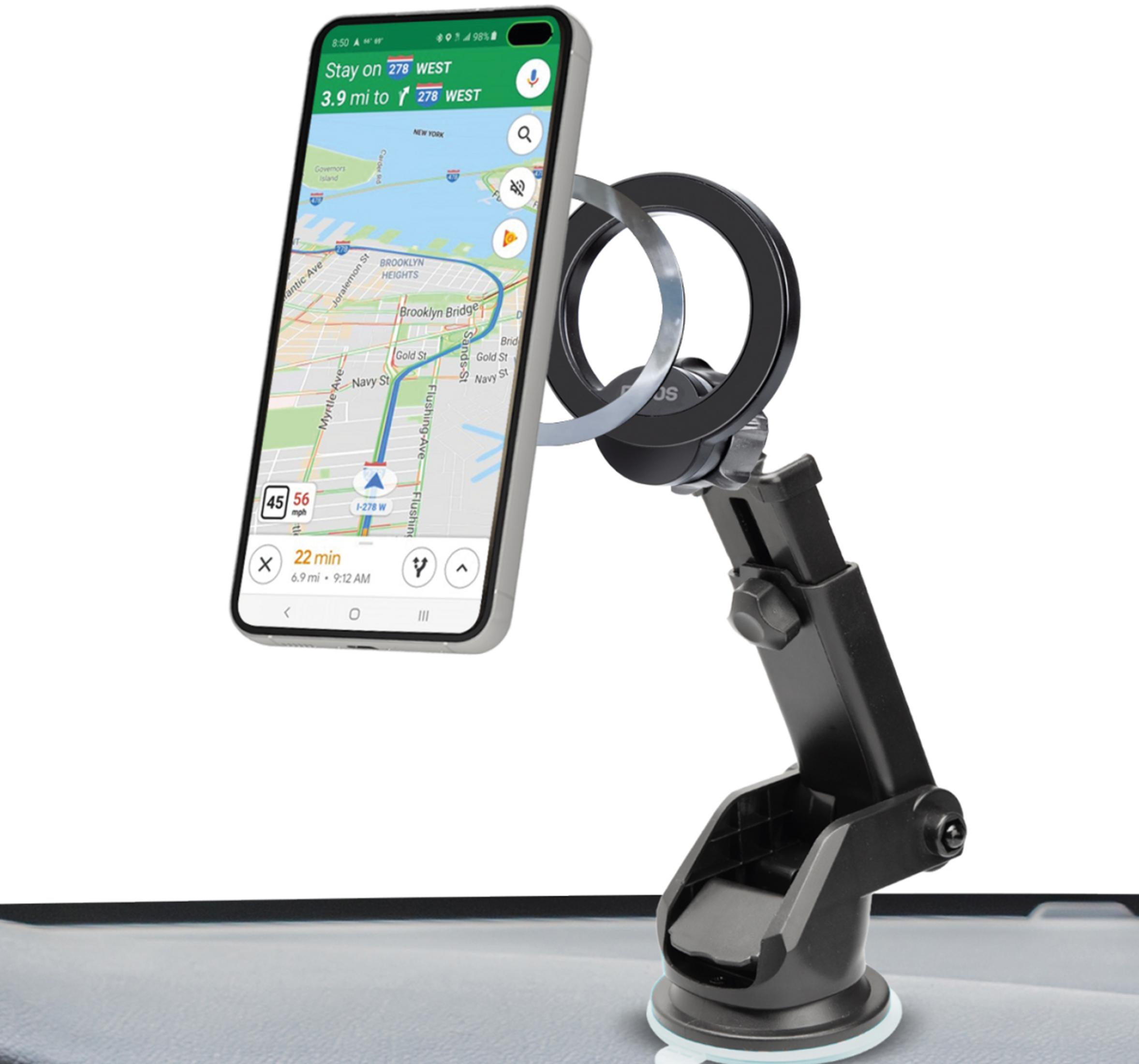Uno smartphone montato su un supporto a ventosa nero con anello magnetico, che mostra una mappa GPS sullo schermo.