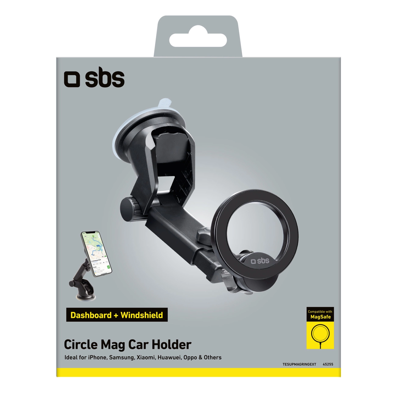 Confezione per supporto auto sbs Circle Mag con ventosa e anello magnetico per cruscotto e parabrezza.
